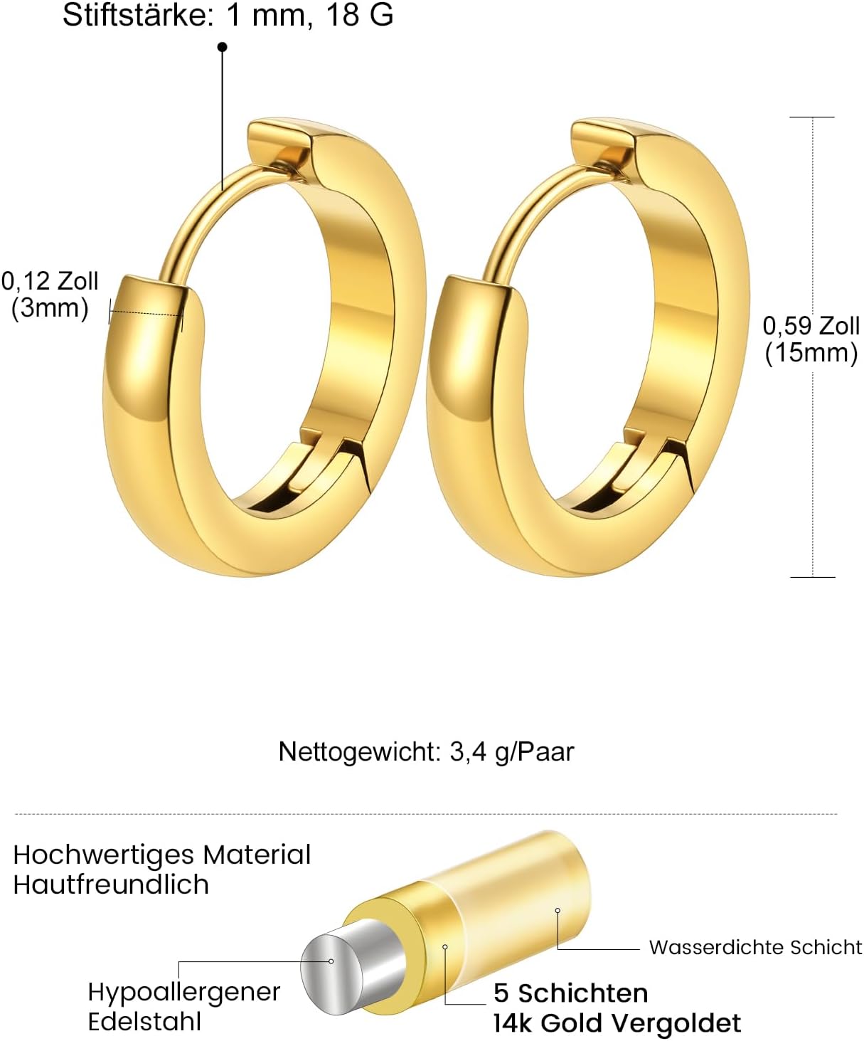 Detalle 2 de GoldChic Ohrringe Damen Creolen 7–16 mm Edelstahl – kleine Huggie Creolen, silber/gold/schwarz