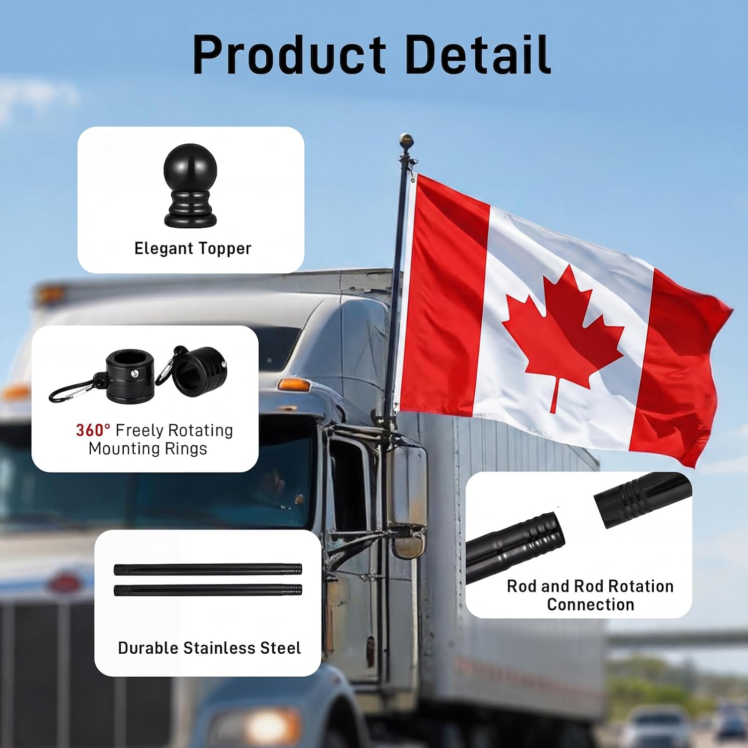 Detalle de SEEKNEW QG011-BK 6 ft Stainless Steel Flagpole, Black, Adjustable 5-Section