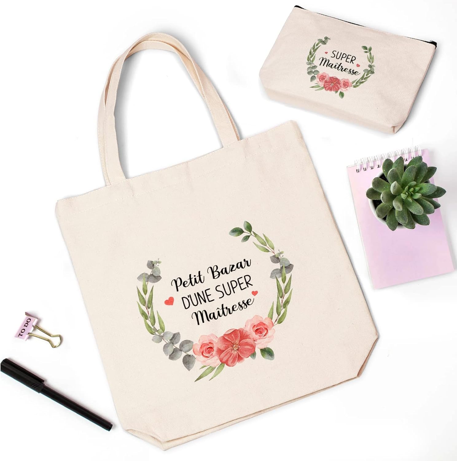 Thumbnail 3 de Rhdekoein Tote Bag avec Petite Pochette – Lot de 2 sacs coton pour maîtresse