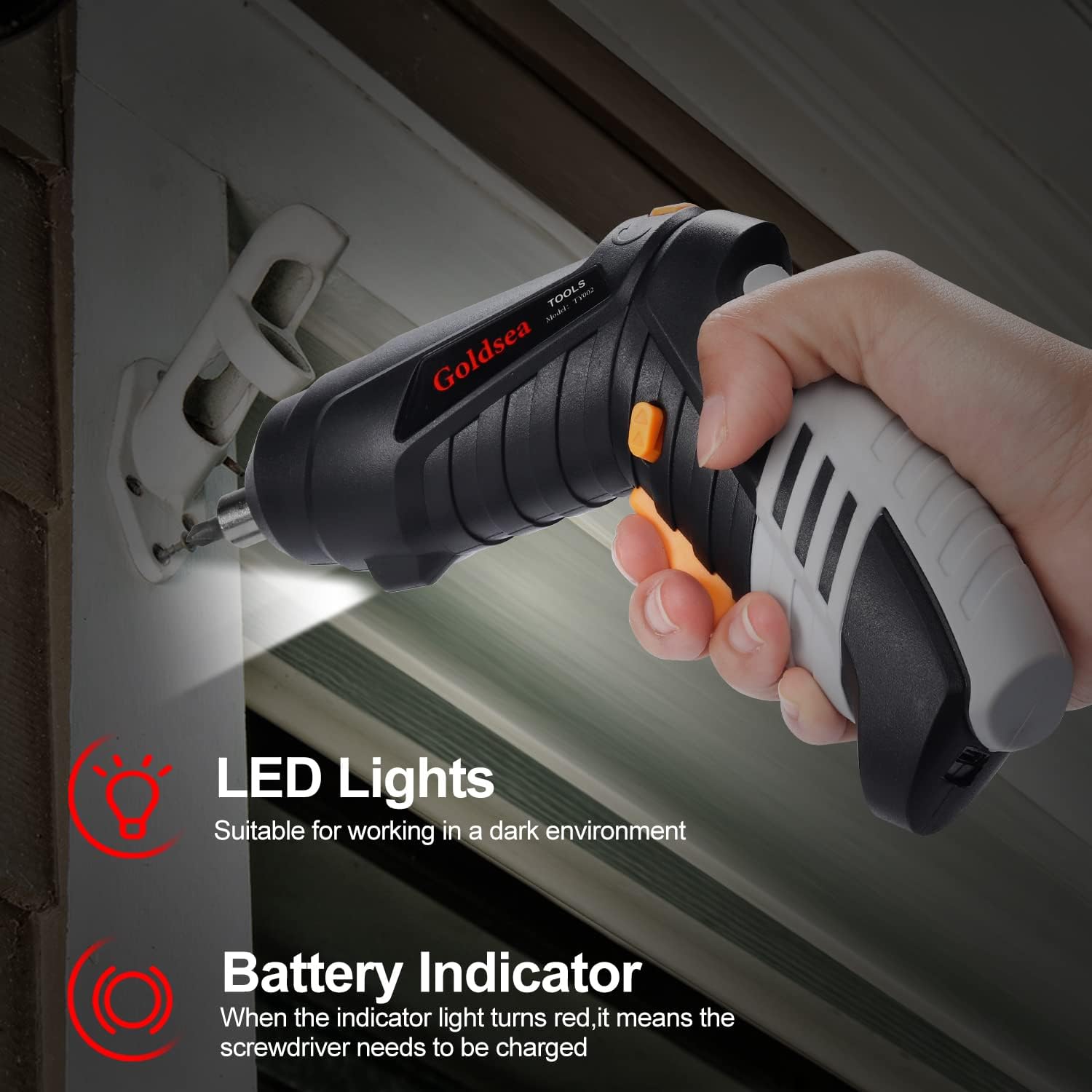 Detalle 2 de Goldsea Avvitatore a Batteria 1.5Ah 4.2V: pratico cacciavite elettrico 90°-180° con LED, 10 punte e ricarica USB-C per fai da te domestico