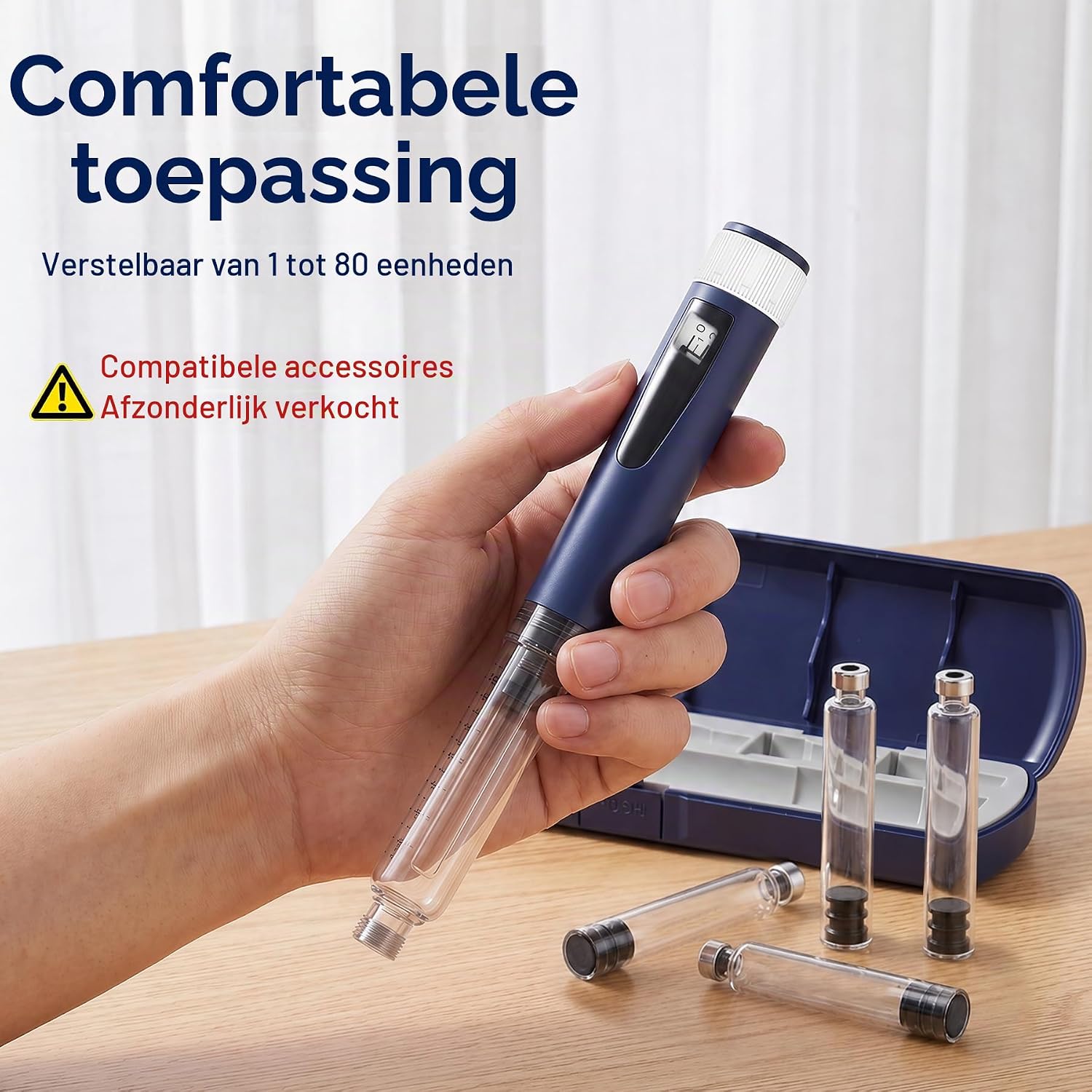 Detalle de AMAINKI herbruikbare insulinepen, 1–80 eenheden, met 5 cartridges en etui