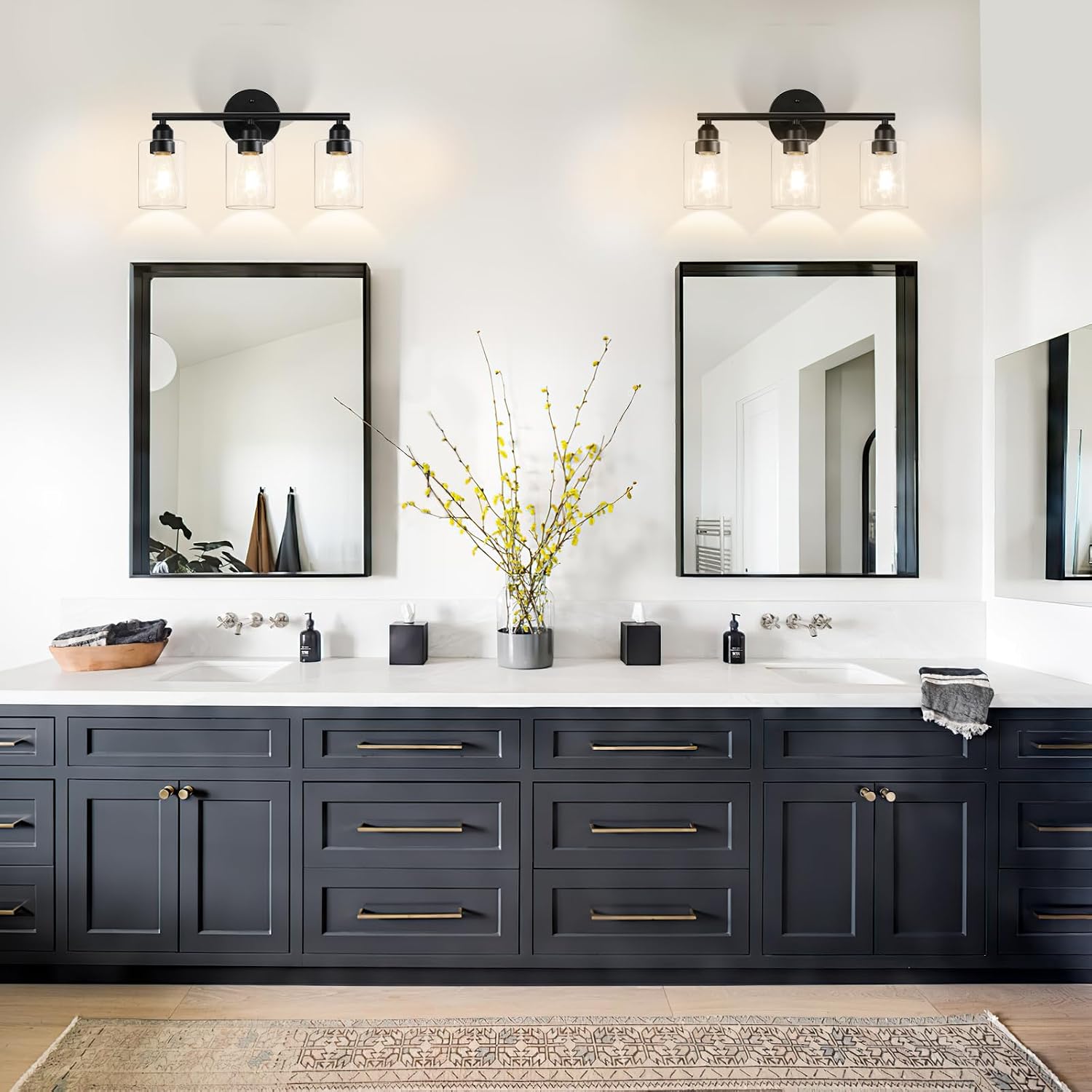 Detalle de Percantis WL1-01 3-Light Bathroom Vanity Light, Black Metal, Clear Glass Shades
