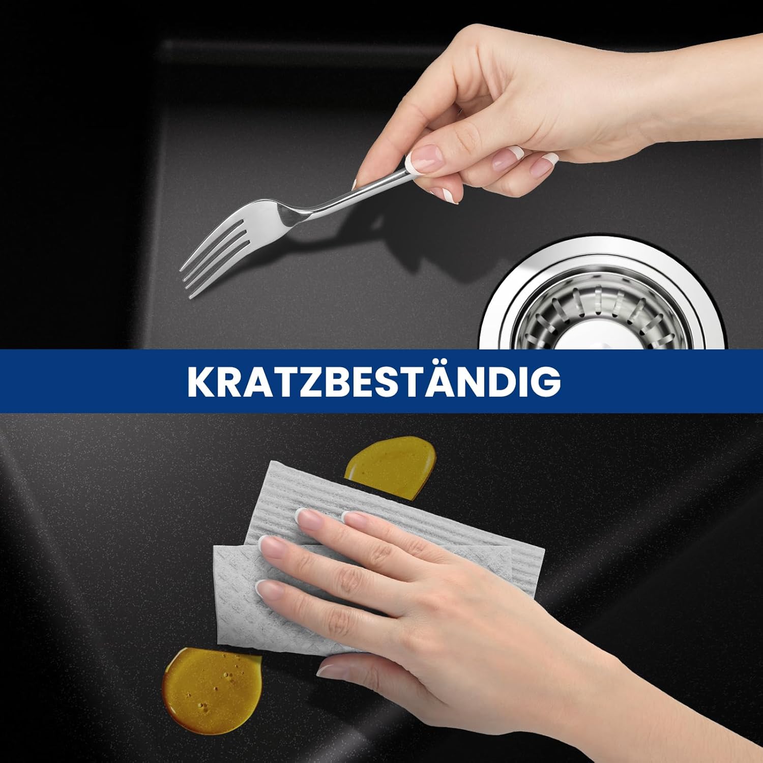 Detalle de CECIPA Spülbecken Schwarz Granit 40x45 cm – rechteckiges Einzelbecken mit 2 Hahnlochungen