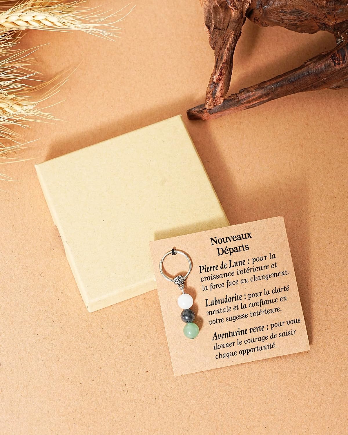 Detalle de Porte-clés en pierres lune, labradorite et aventurine verte – Merclix, cadeau femme original