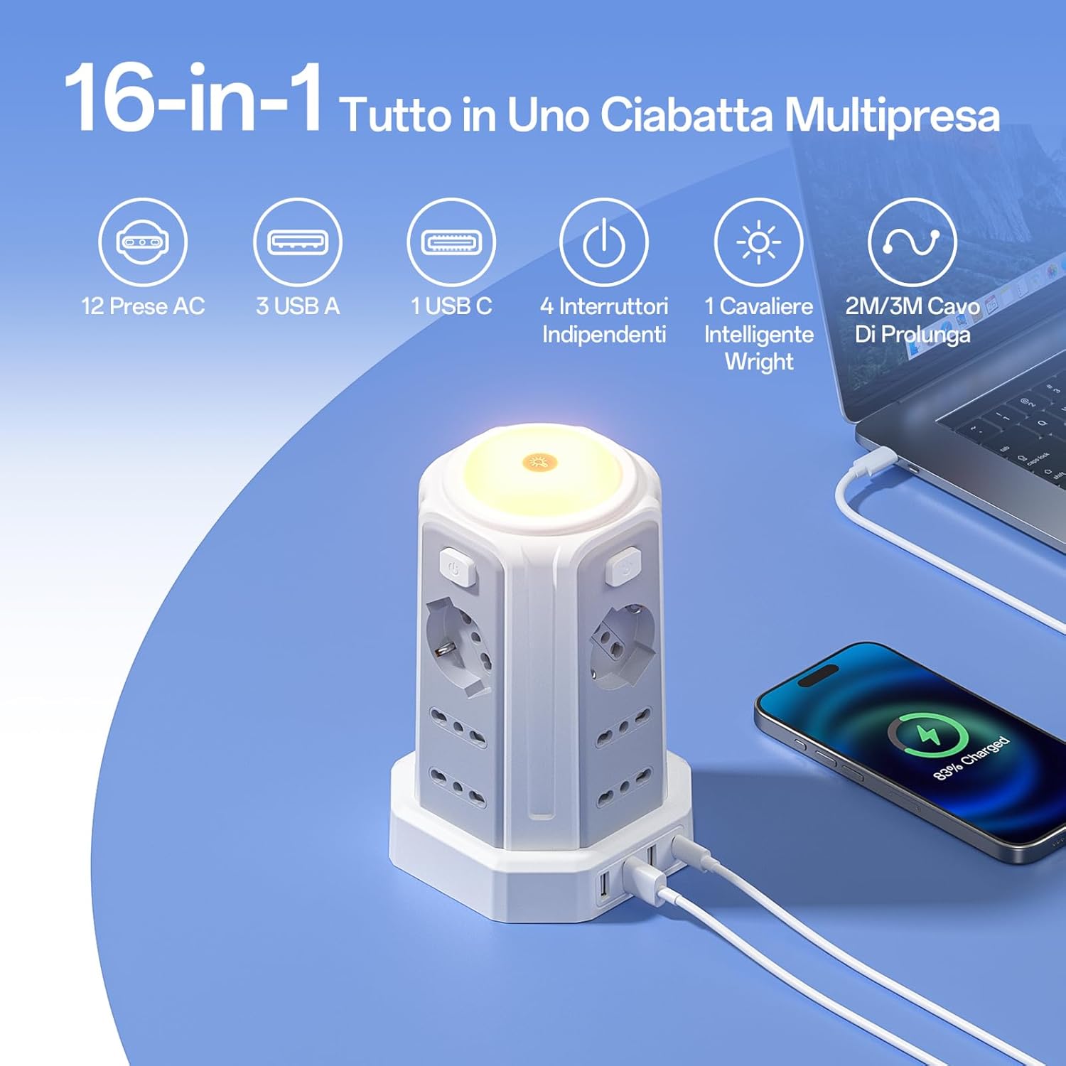 Thumbnail 1 de Ciabatta elettrica KEMELO verticale con luce notturna, 12 prese e 4 USB (3 USB-A + 1 USB-C) e 4 interruttori indipendenti, 2 m