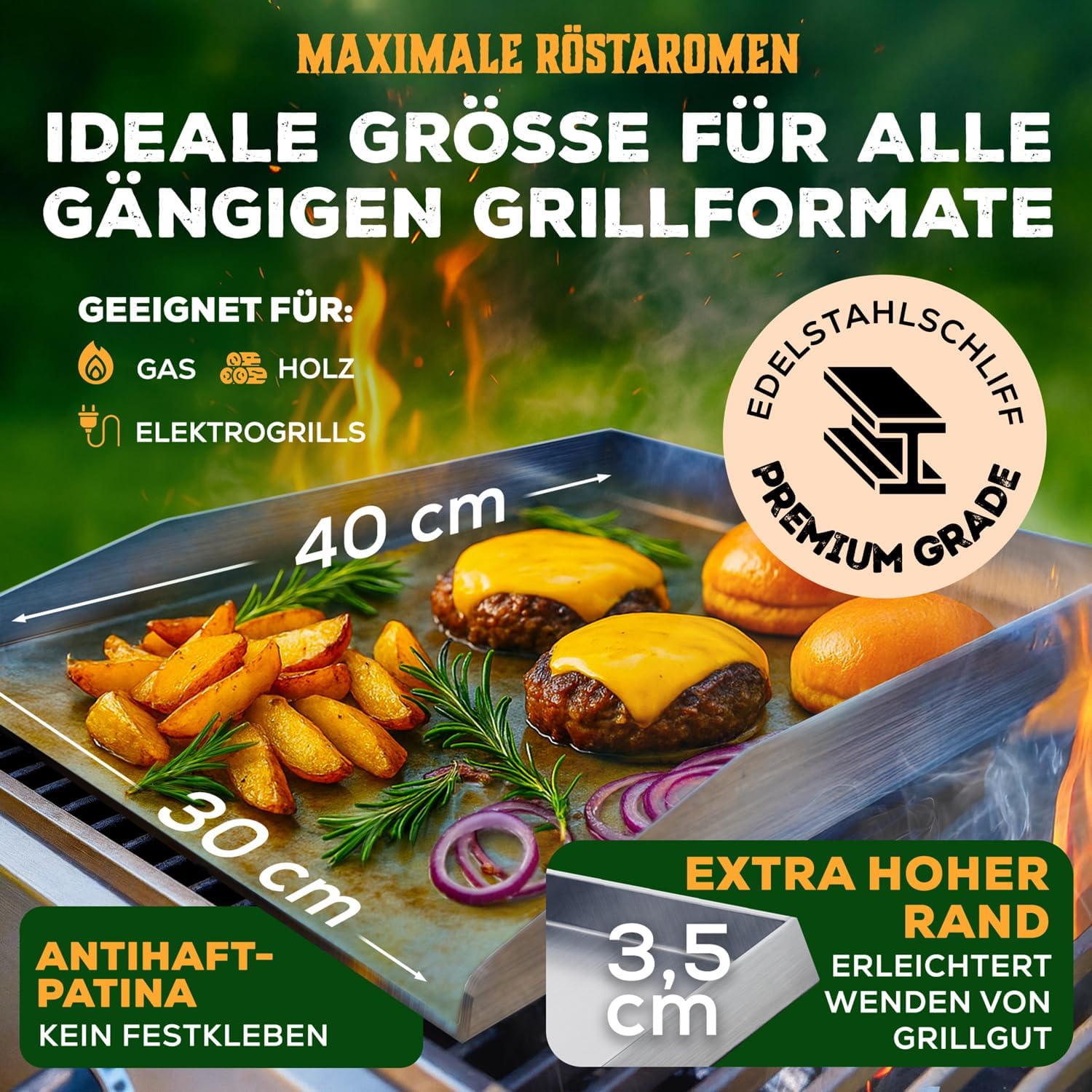 Detalle 2 de Blumtal Grill-Plancha Set aus Edelstahl (30×40 cm) inkl. 2 Spachteln & Ölflasche
