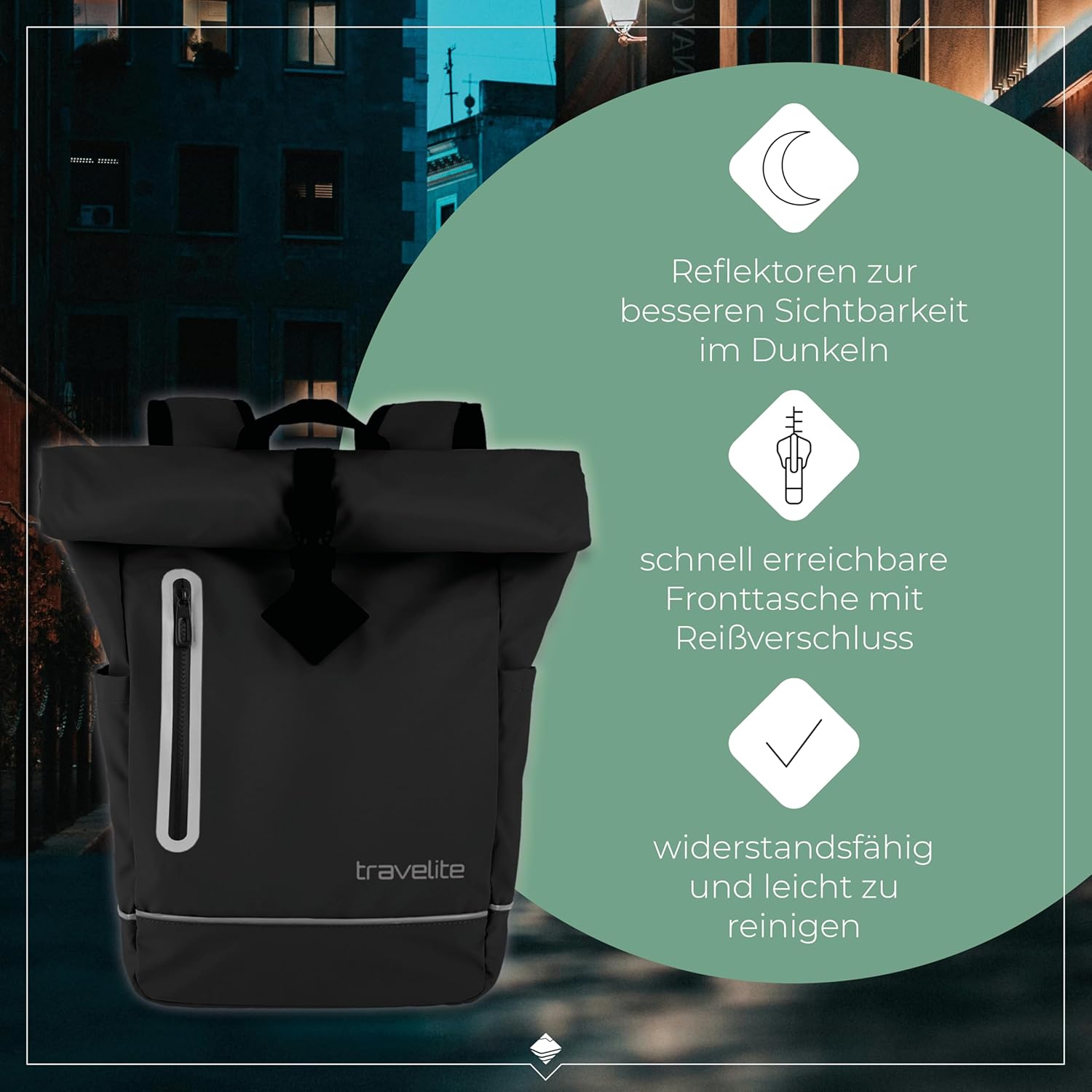 Detalle de Travelite BASICS Rolltop-Rucksack wasserfest mit Reflektoren (19 Liter)