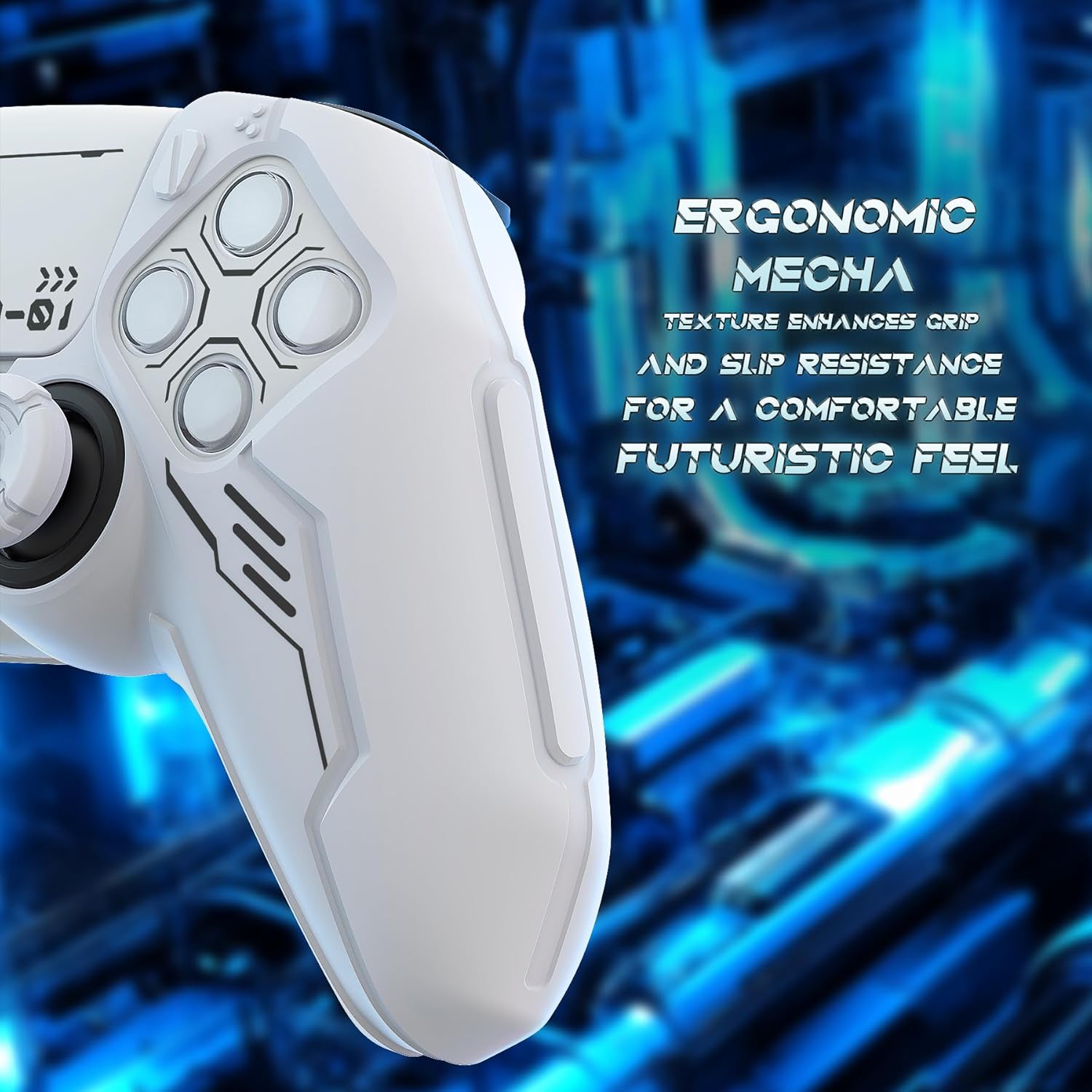 Detalle 2 de playvital Mecha Edition Silicone Cover for PS5 Controller (White) with Joystick Caps & Stickers