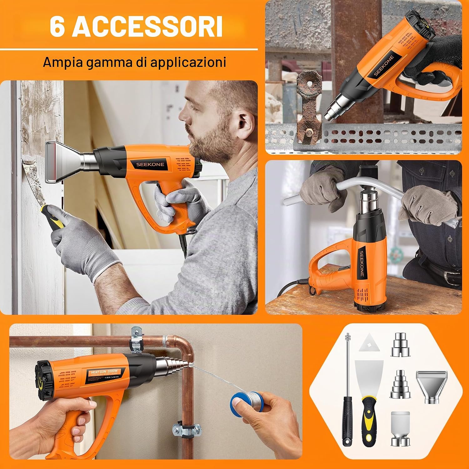 Thumbnail 6 de Pistola Termica SEEKONE 2000W: aria calda professionale 60–600°C con 7 accessori
