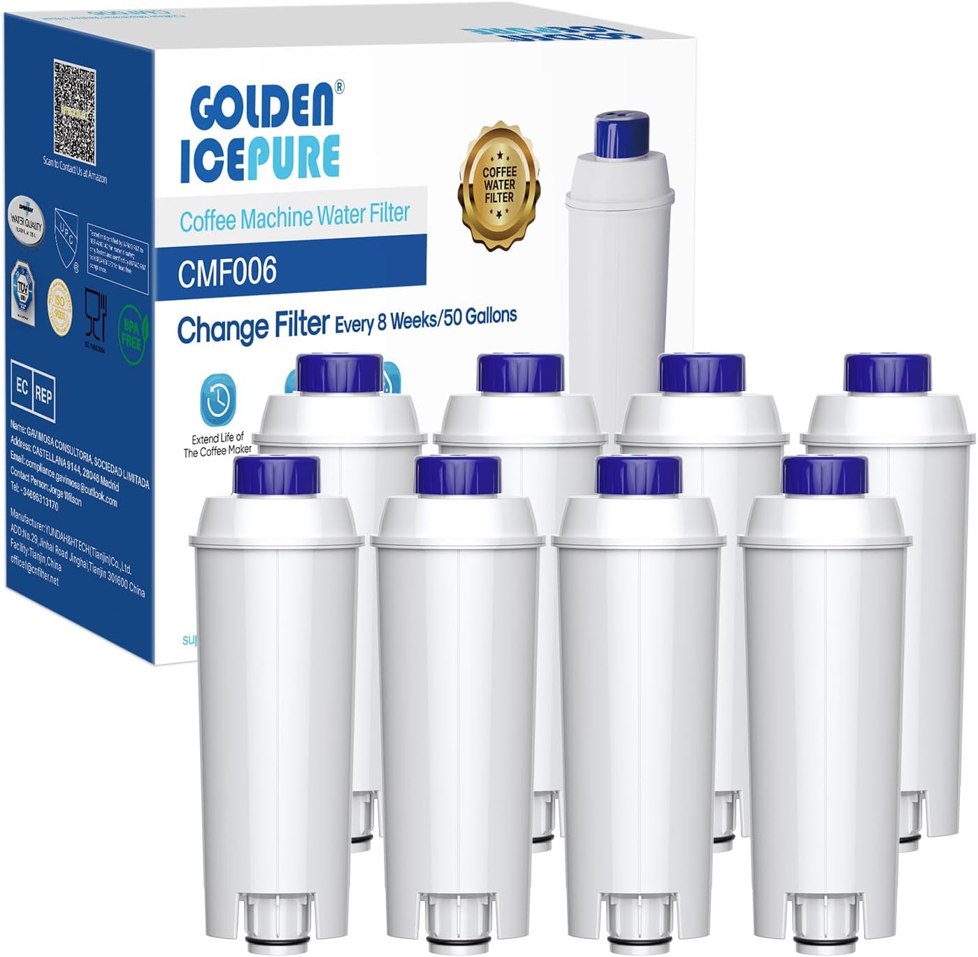 Detalle de Golden IcePure Wasserfilter für Kaffeevollautomaten – Kompatibel mit DeLonghi DLSC002, SER3017 u. a. (8 Stück)