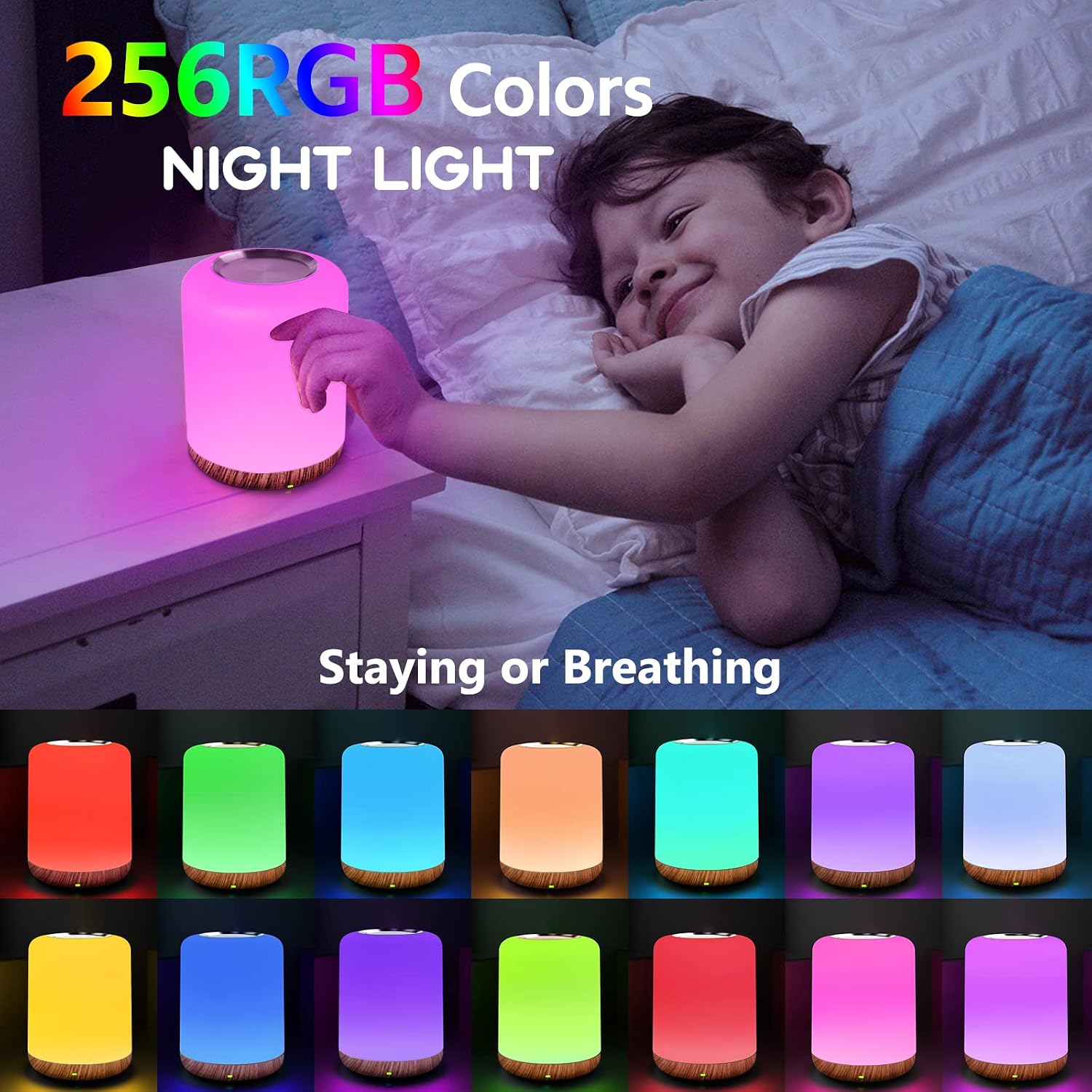 Detalle de SOLIDEE Nachttischlampe Touch Dimmbar mit RGB, 256 Farben – kabellose LED-Nachtlampe für Schlaf-, Baby- und Wohnzimmer