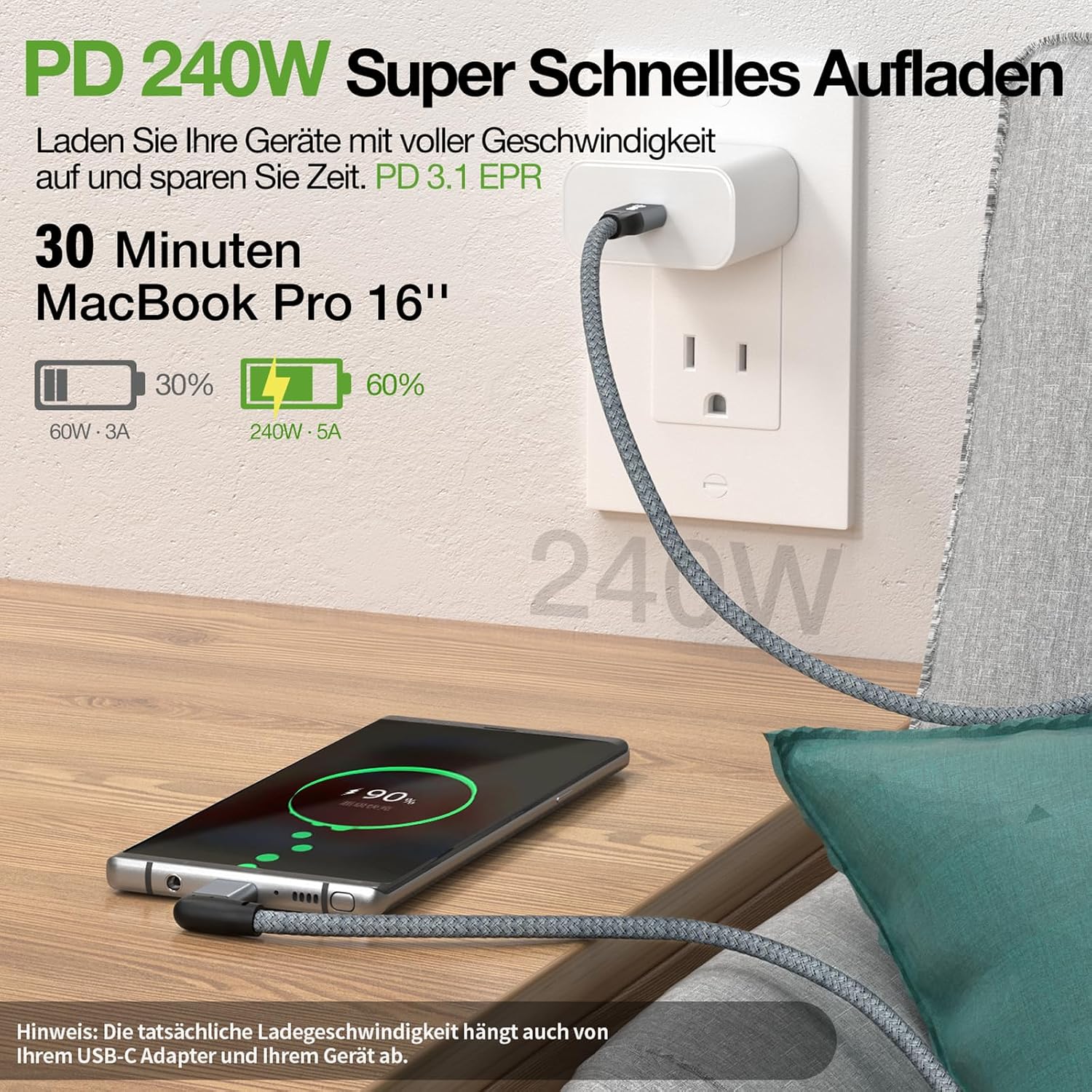 Detalle de 90 Grad USB C Kabel 20 Gbit/s, 240 W PD PPS AVS, 4K@60Hz – 50 cm
