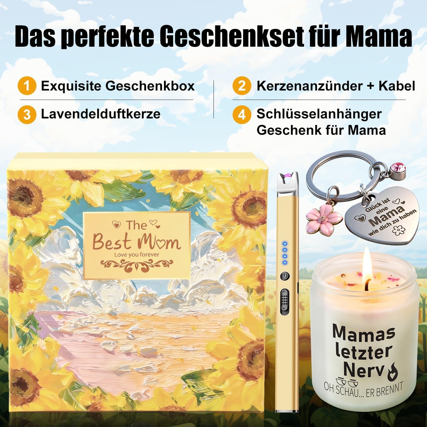Thumbnail 2 de Muttertagsgeschenke Set: 7OZ Lavendelkerze, Lichtbogen-Feuerzeug und gravierter Schlüsselanhänger