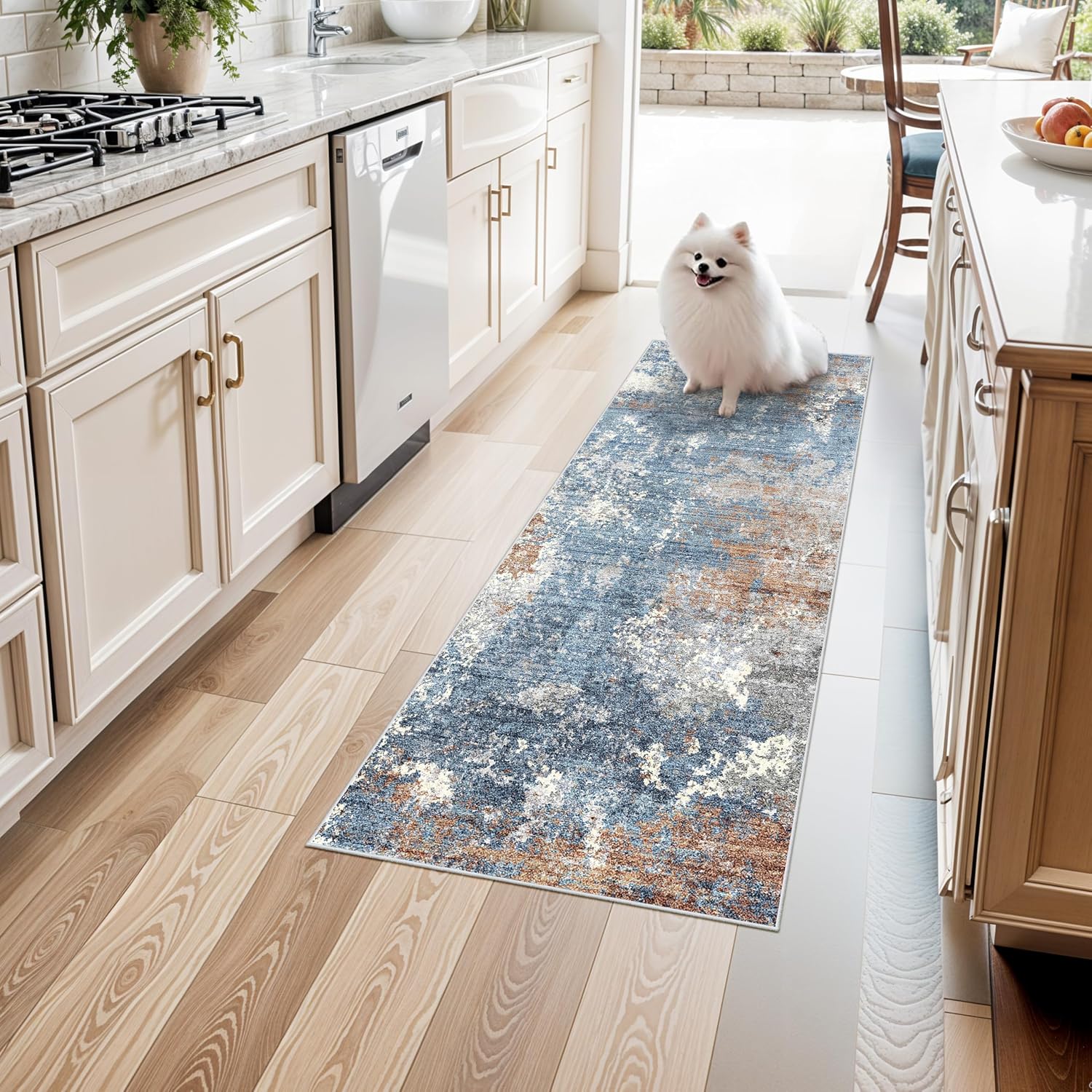 Detalle de 2x5 Washable Non-Slip Rug Runner in Blue Rust — Abstract, Low-Pile Comfort