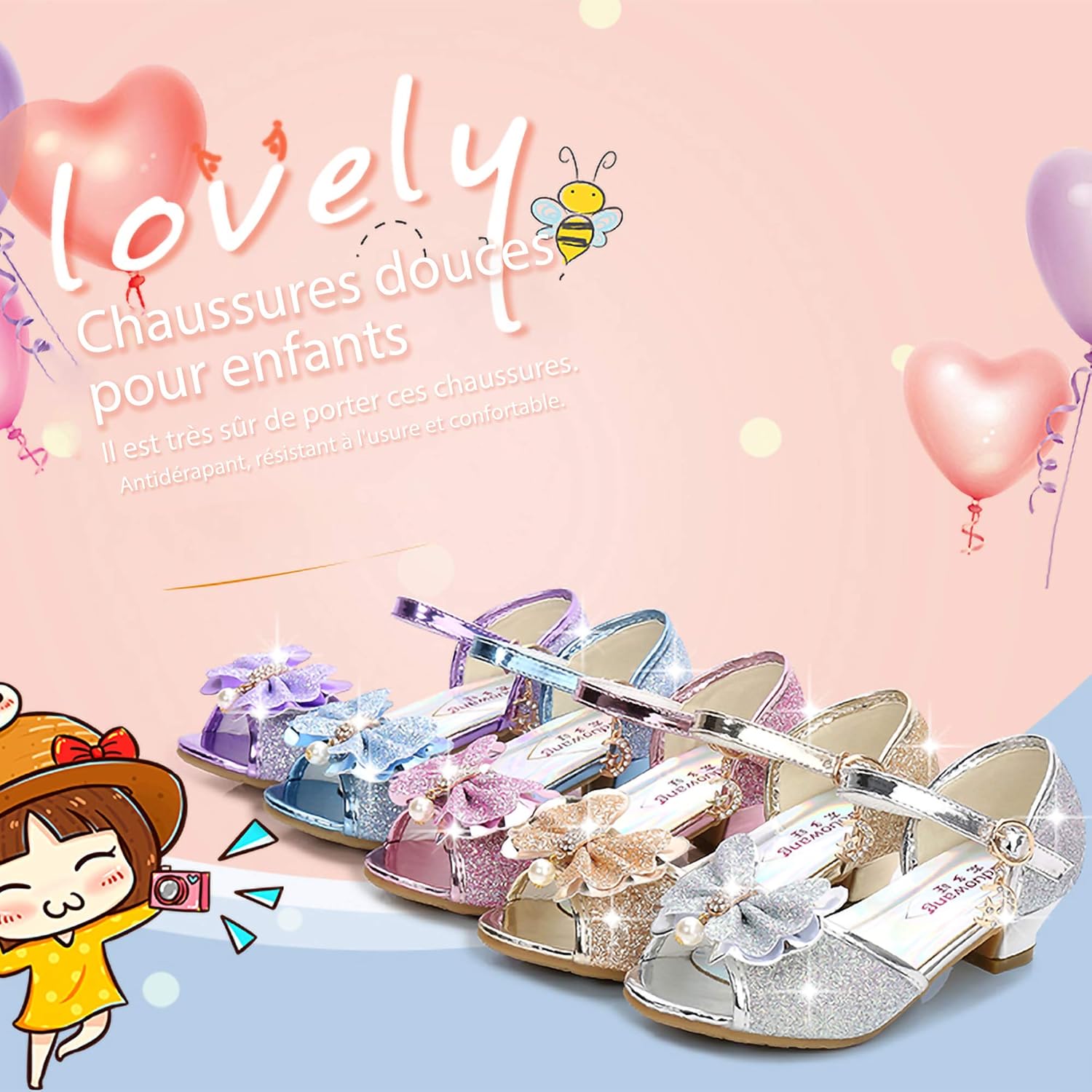 Thumbnail 5 de New front – Chaussures à talon haut danseuses pour fille, sandales à strass avec fermeture Velcro