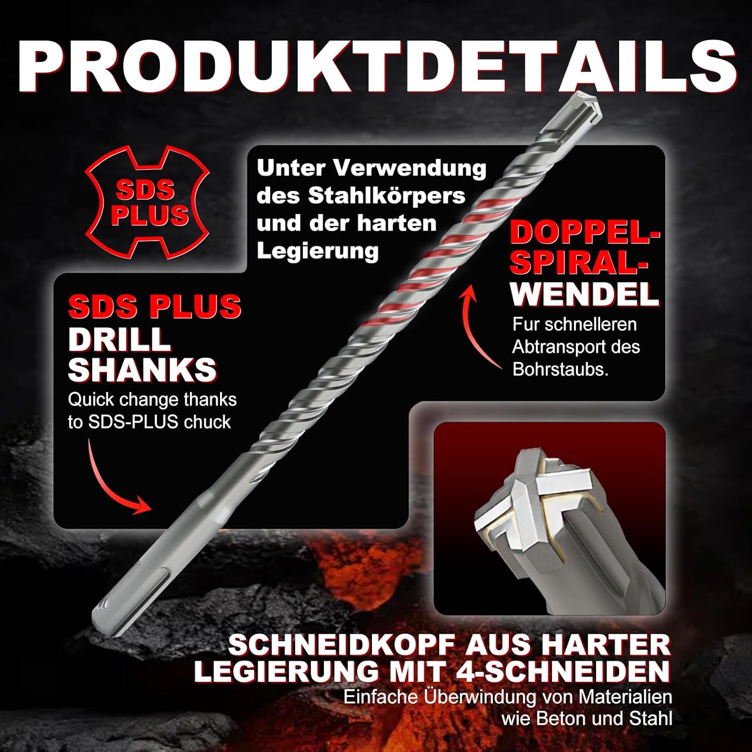 Thumbnail 2 de METOTY SDS-Plus Bohrer 35 mm × 350 mm mit 4 Hartmetallschneiden – Stein-, Beton- und Mauerwerksbohrer