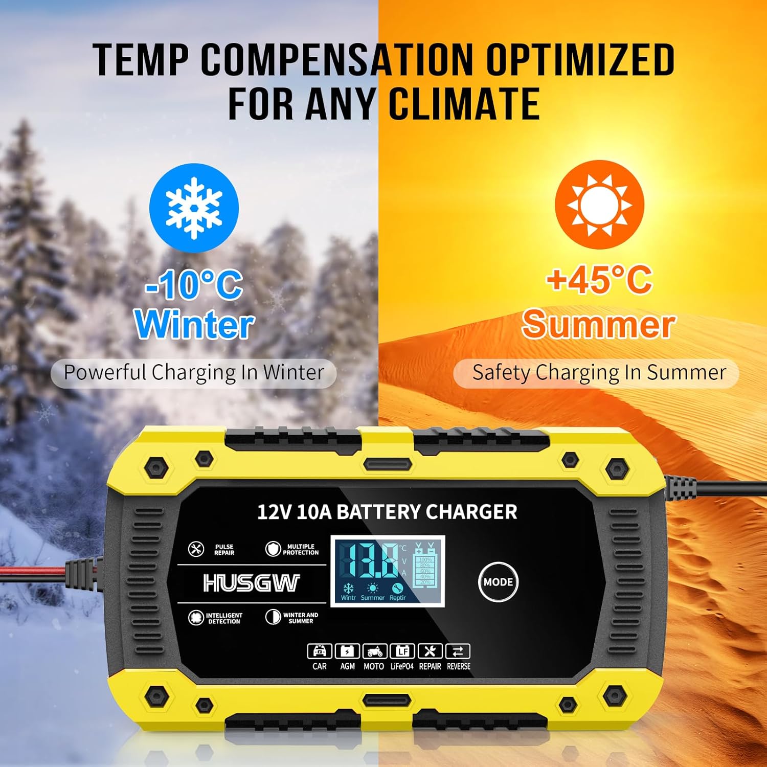 Detalle de Caricabatterie auto e moto 12V 10A con display LCD e multi-protezioni (modalità CAR, AGM, MOTO, LiFePO4, REPAIR) – Giallo 10A