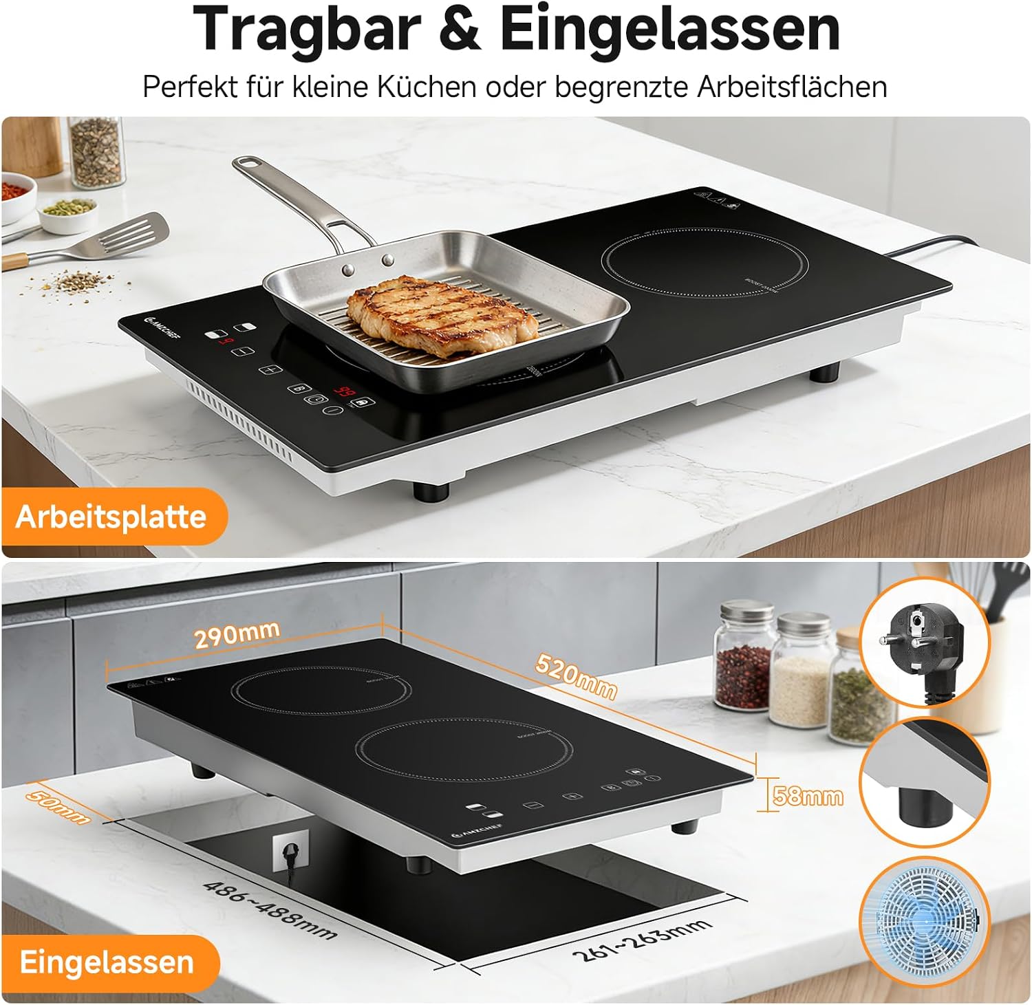 Detalle 1 de AMZCHEF Induktionskochfeld 2 Platten 3700W – Doppel-Induktionskochplatte mit Boost, Timer und Sicherheitsfunktionen