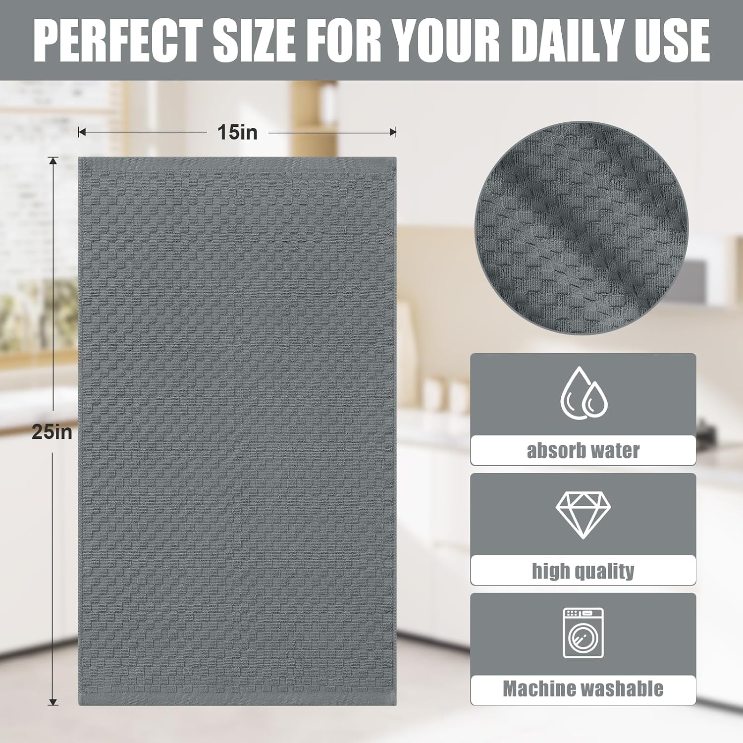 Detalle de Homaxy 100% Cotton Terry Kitchen Towels (15" x 25", 6 Pack) Dark Grey