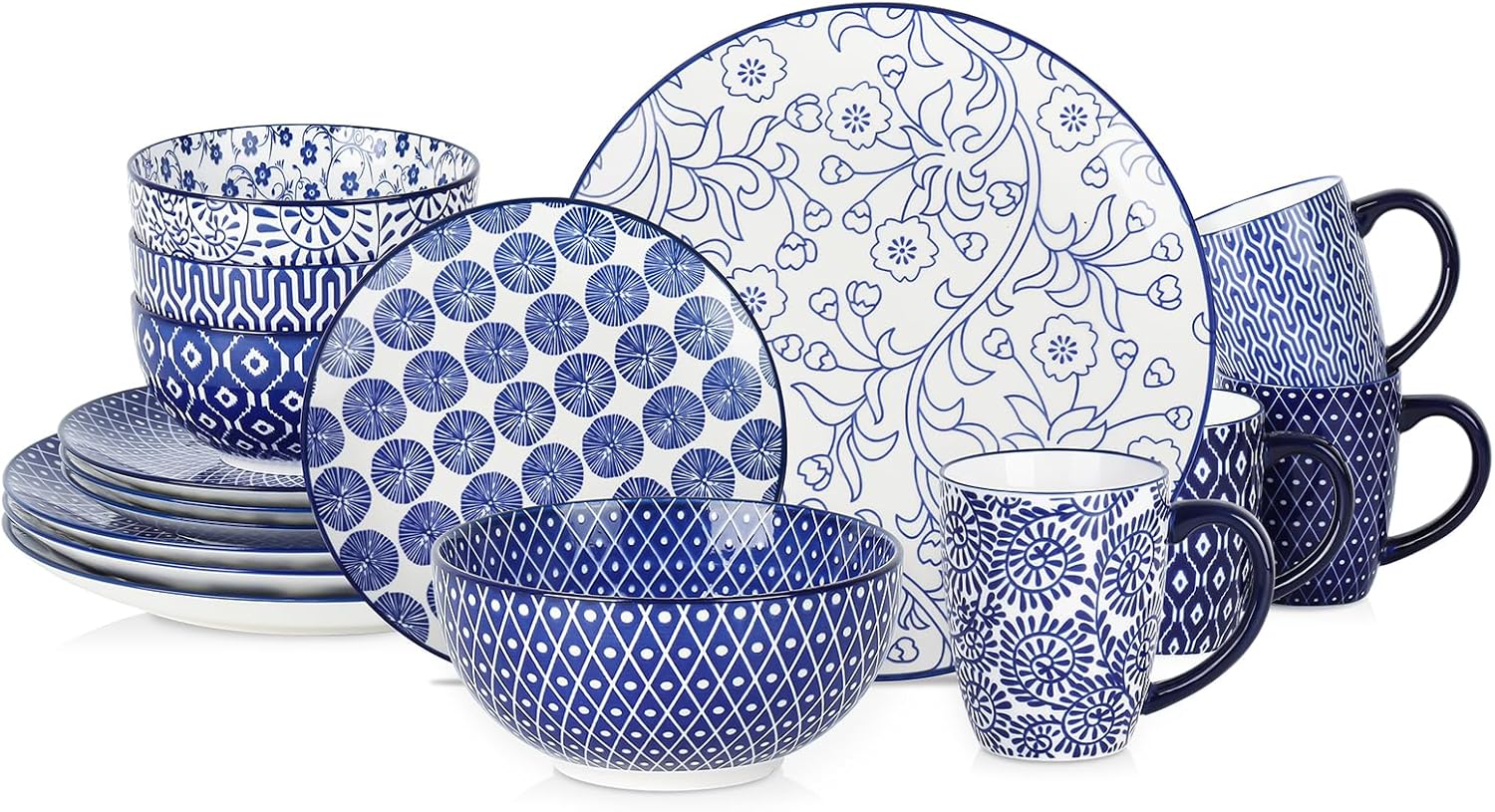 Thumbnail 6 de Selamica Vintage Blue 12-Piece Ceramic Dinnerware Set (Plates & Bowls for 4)
