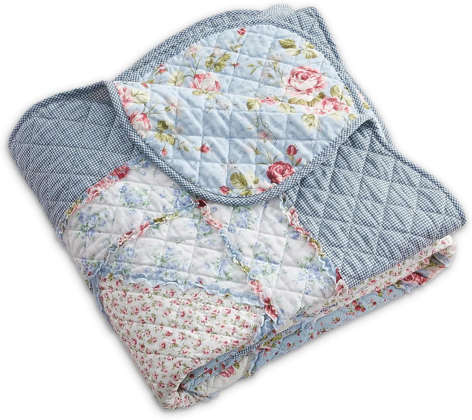 Thumbnail 6 de Qucover Single Bedspread Quilted Soft Cotton Blue Floral Patchwork