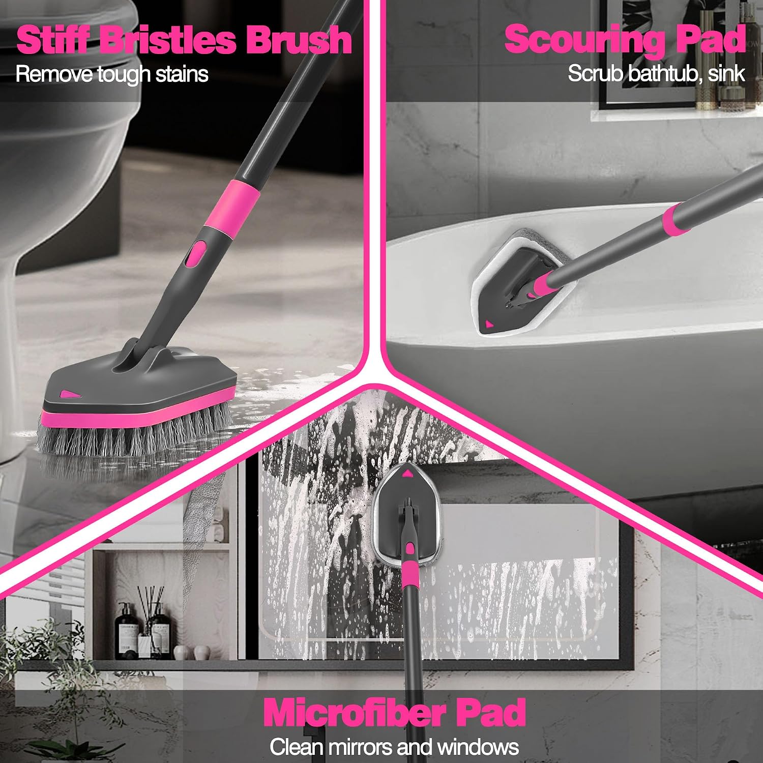 Detalle de NEWE telescopic bathroom cleaning brush with rotating 180° head and 4 scrub heads (grey/red) for tubs, tiles and toilets