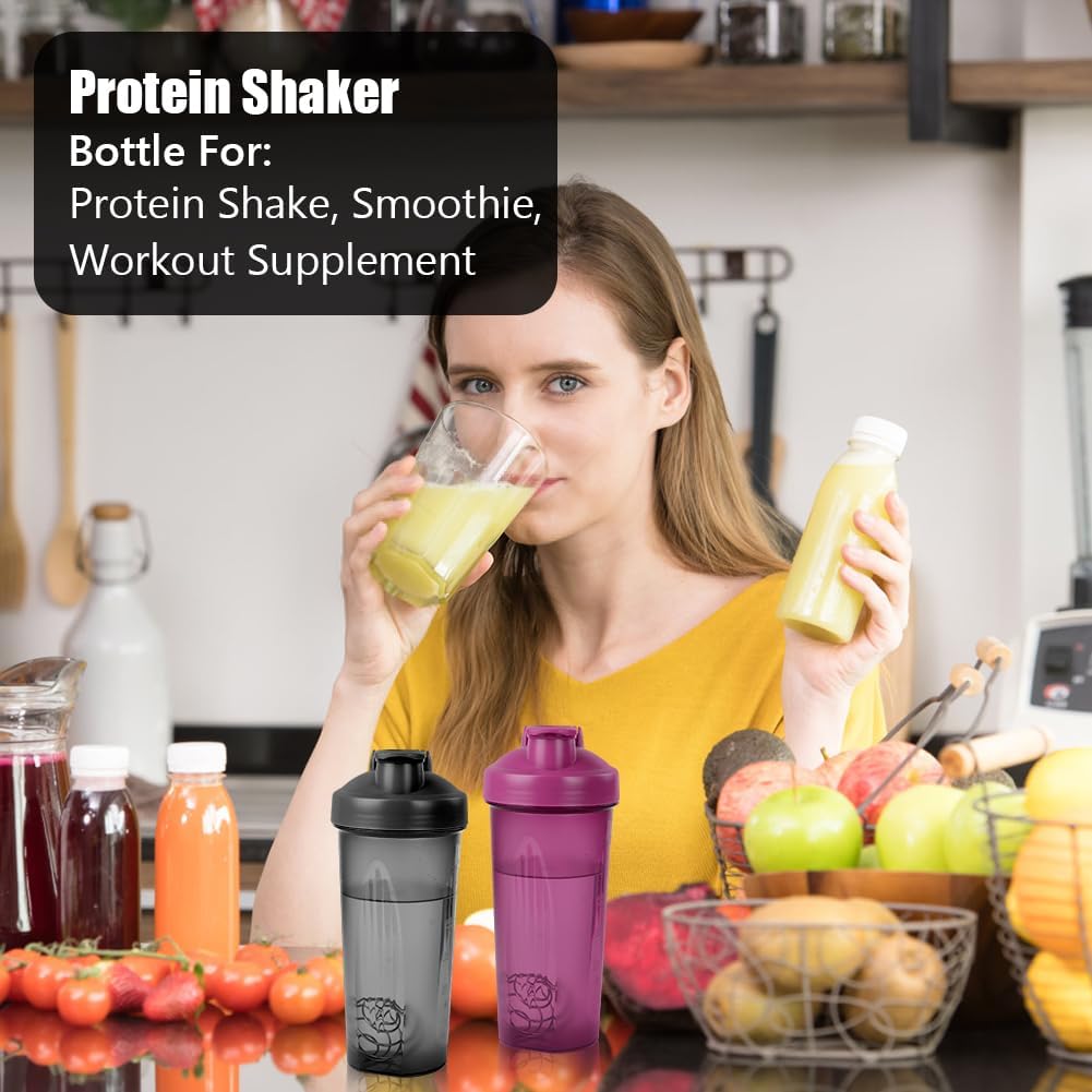 Detalle de AOGOE Protein Shaker 600ml – BPA-frei, auslaufsicher und geruchsneutral (Schwarz+Lila)