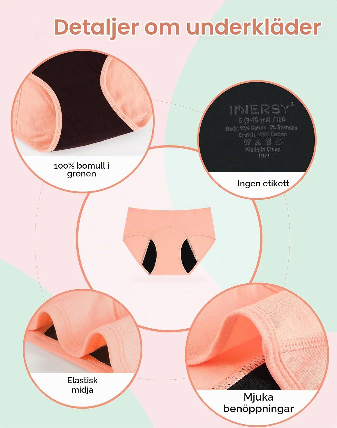 Detalle 2 de INNERSY periodtrosor för flickor i bomull, läckageskyddande, 3-pack