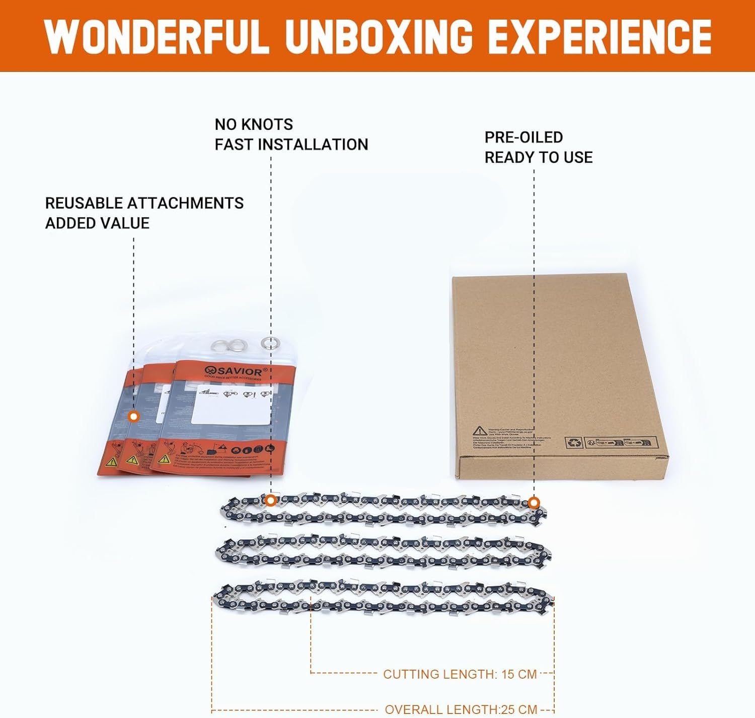 Thumbnail 3 de SAVIOR 3 x 15 cm Sägekette kompatibel mit Bosch EasyChain 18V-15-7 / Makita DUC150Z (1,1 mm, .325" LP, 32 Treibglieder) – Ersatzkette im 3er-Pack