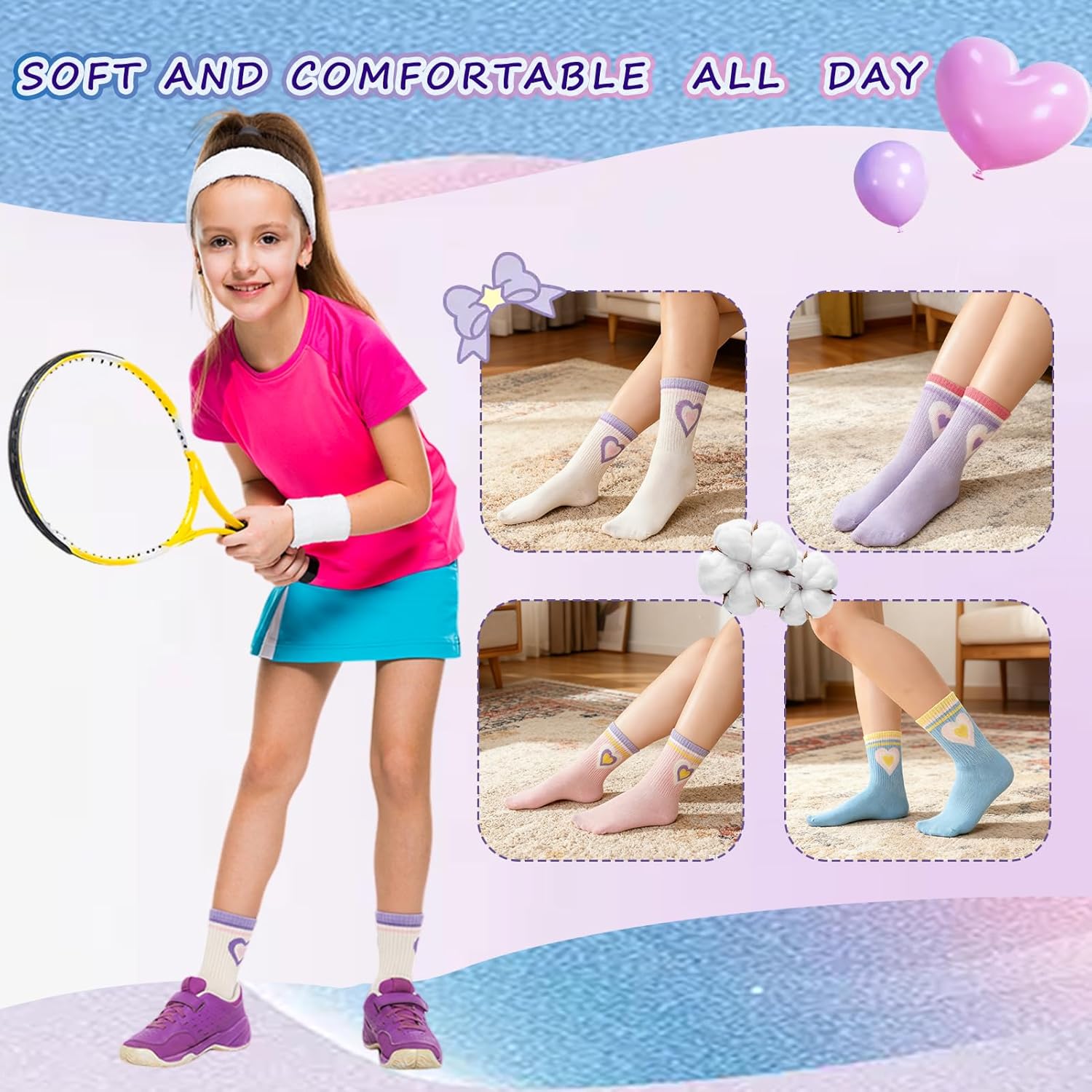 Detalle de Partideal 5 Pairs Kids Cotton Crew Socks – Breathable, Striped Hearts Design for 9–12 Year Olds