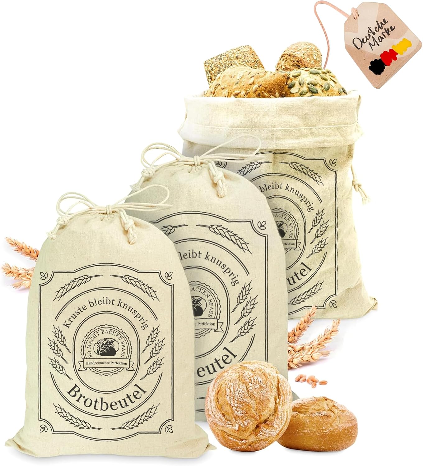 Detalle de AH® Leinen Brotbeutel Set 3er 30x40 cm – atmungsaktiv, ungebleicht, wiederverwendbar