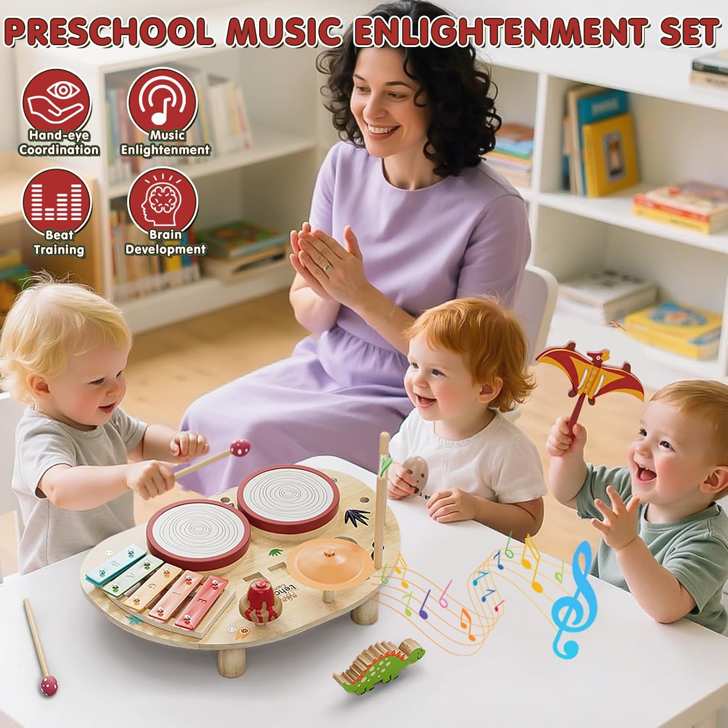 Detalle de Lehoo Castle 8‑in‑1 Musikinstrumente Tisch für Kleinkinder (1–3 Jahre) – Holz-Dinosaurier, Montessori‑Lernspielzeug