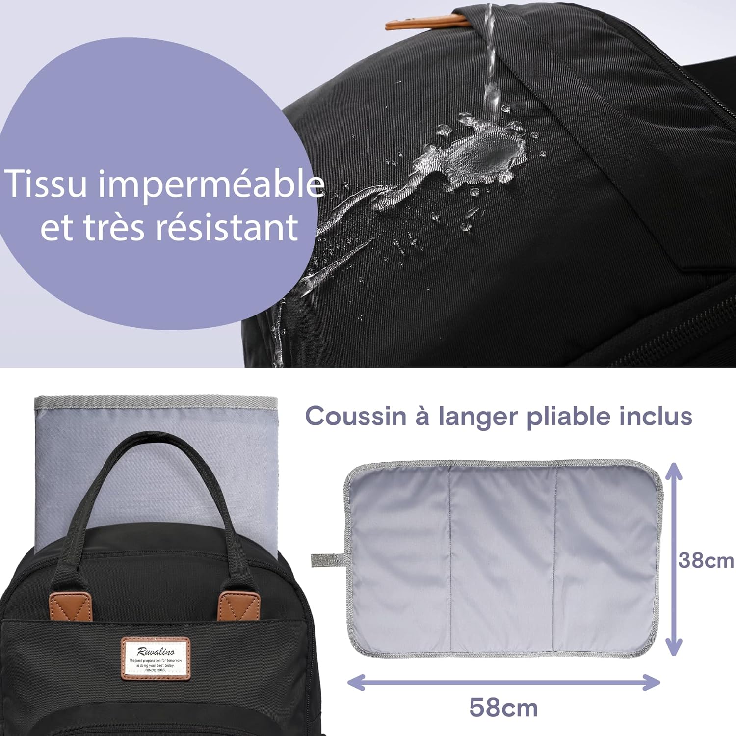 Thumbnail 6 de RUVALINO Grand sac à dos à langer avec tapis et accessoires, idéal pour maman et papa