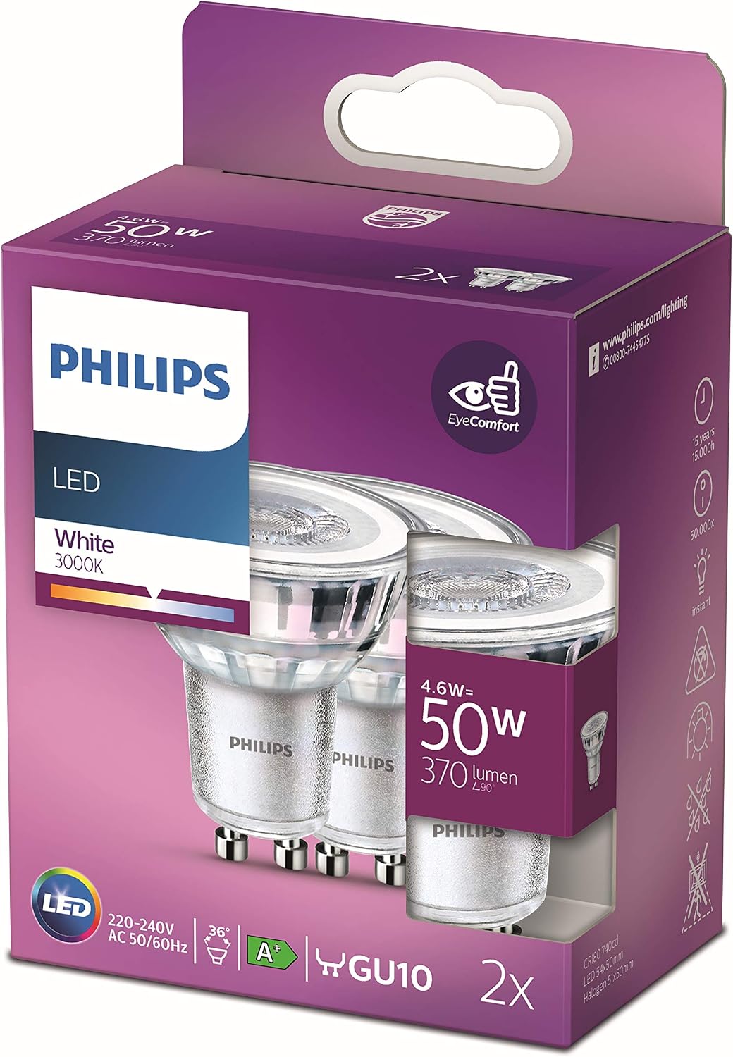 Detalle 2 de Philips Bombilla LED cristal GU10 50W luz cálida 2 unidades