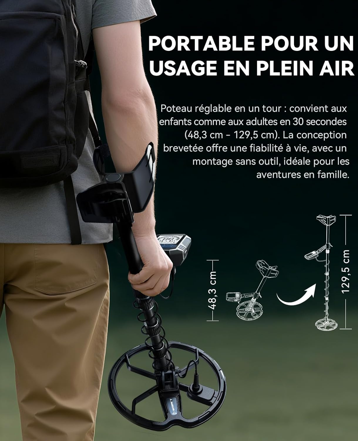Thumbnail 4 de SUNPOW Détecteur de Métaux – Bobine Double D 28 cm, Batterie Li-ion 35 h, 4 modes, 7 métaux identifiés, IP68