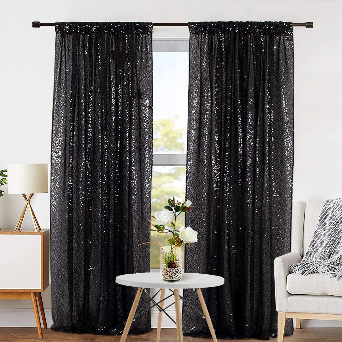 Detalle de 2Pieces Sequin Backdrop 2ft x 8ft (60 x 243 cm) – Black, Shiny Seamless Photo Booth Curtain