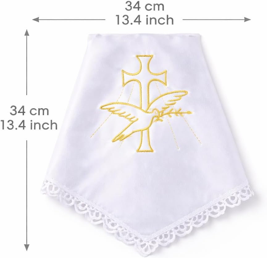 Detalle 2 de Kerzentuch für Taufkerze aus weißem Satin mit Goldstickerei (Taube & Kreuz) – 34 × 34 cm