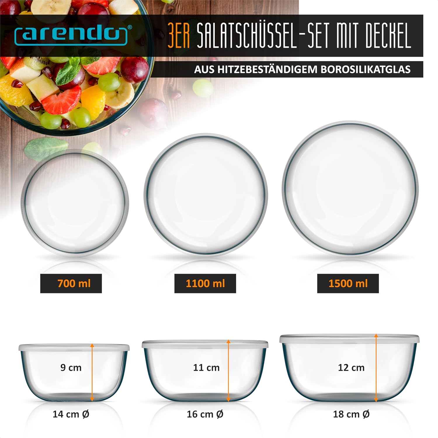 Detalle de arendo Salatschüssel-Set aus Borosilikatglas mit Deckel (3-teilig, 700 / 1.100 / 1.500 ml)