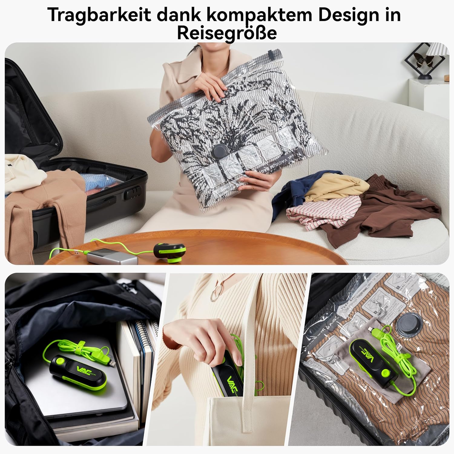 Detalle de VACKFOX Vakuumbeutel mit elektrischer Pumpe – USB Type-C, 15er-Set, grün