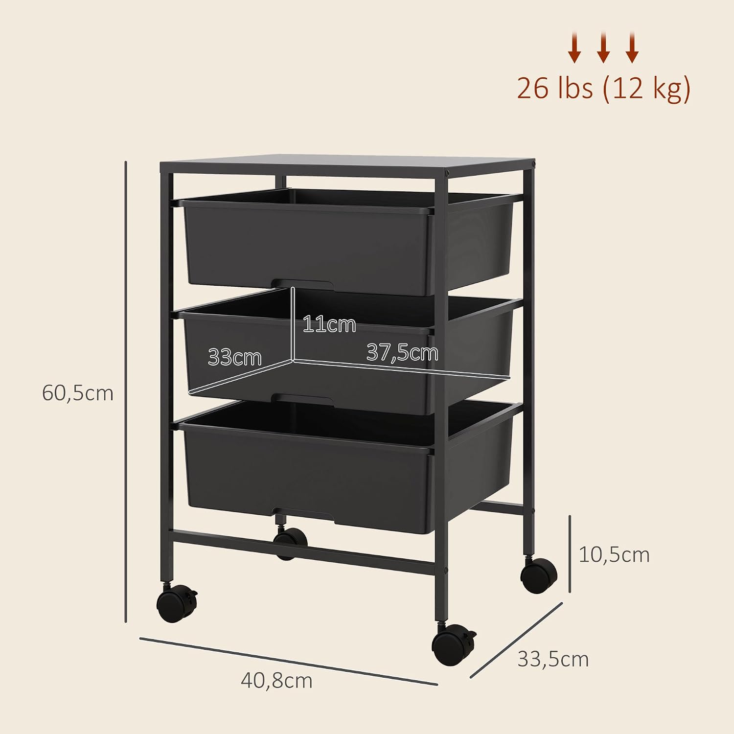 Thumbnail 6 de HOMCOM 850-289V00BK opbergwagen met 3 manden, stalen frame en wielen