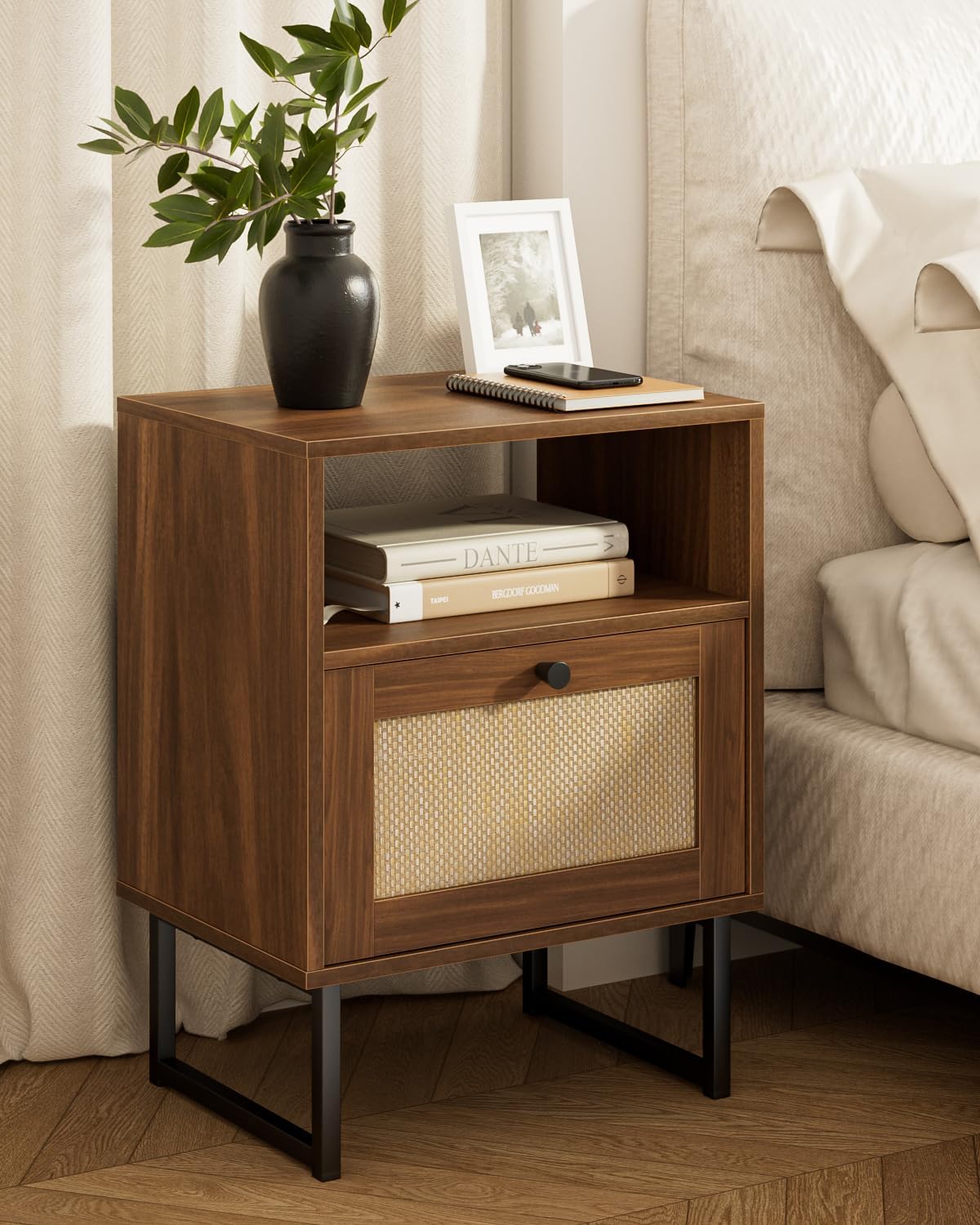 Detalle de Masupu Rattan Night Stand, Walnut Brown Bedside Table with Drawer and Shelf