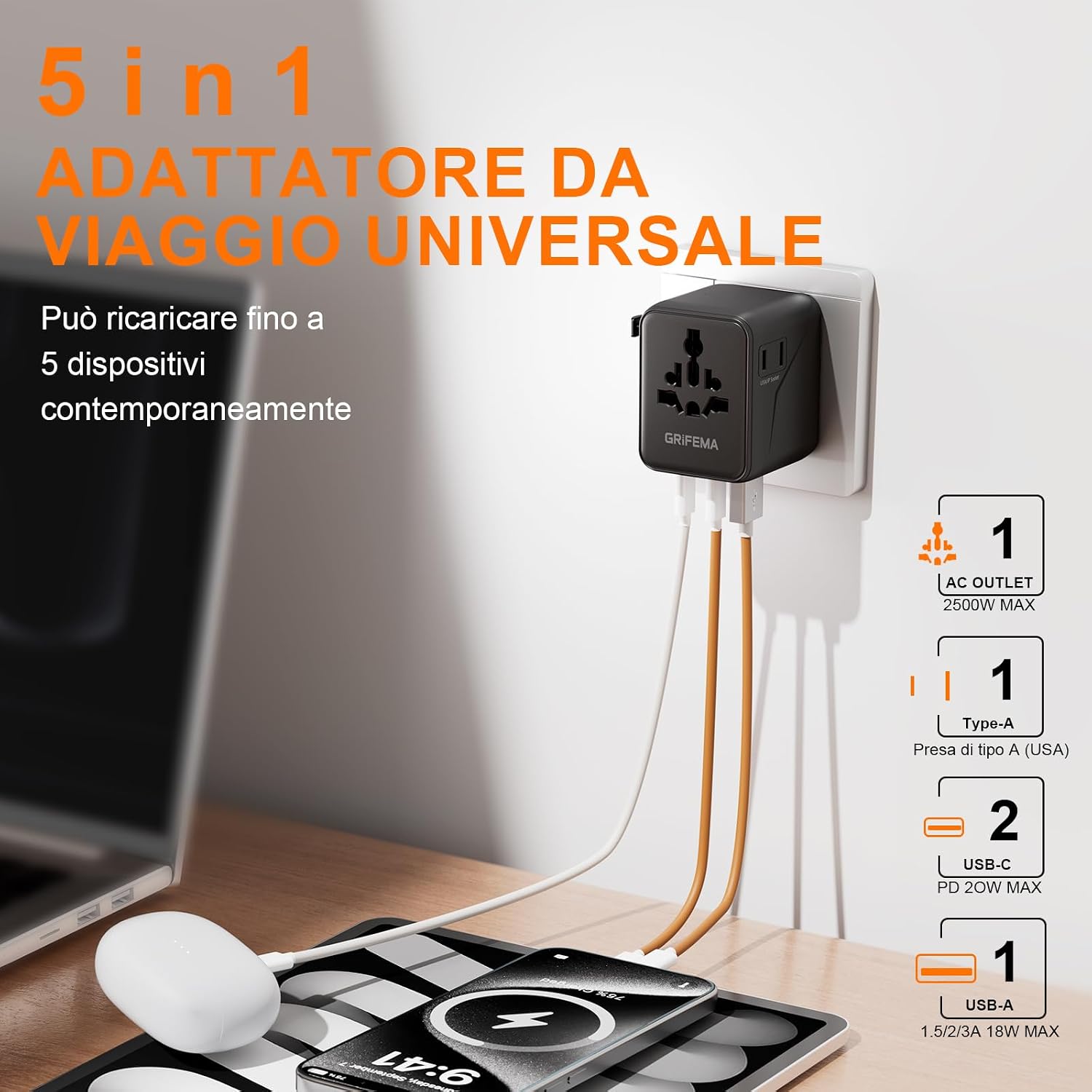 Detalle de GRIFEMA Adattatore universale da viaggio 5 in 1 20W PD: 2 USB‑C, 1 USB‑A e 2 prese AC