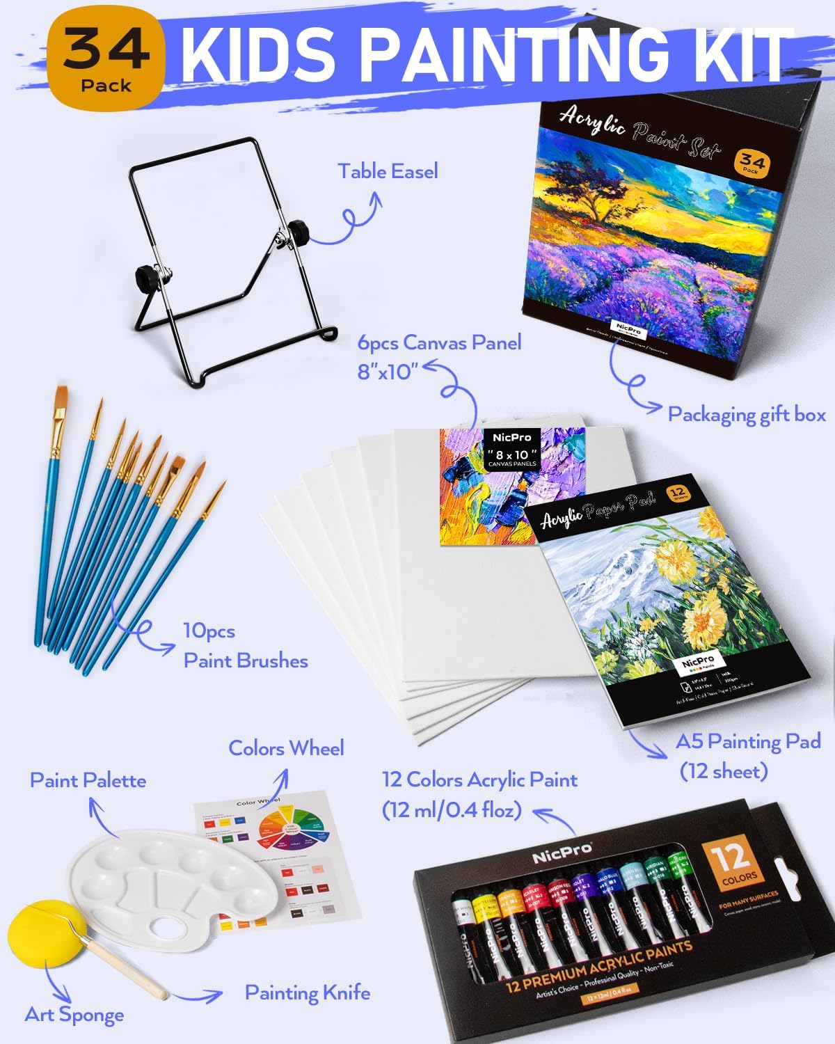 Thumbnail 1 de Nicpro Kids Paint Set (34-piece) with Table Easel, 6 Canvas Panels & 12 Acrylic Colours