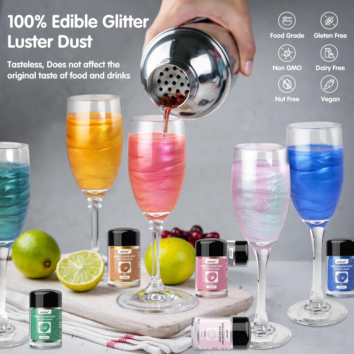 Detalle 2 de CRPTHE Edible Luster Dust Set, 6 Colors for Drinks, Baking, and Desserts