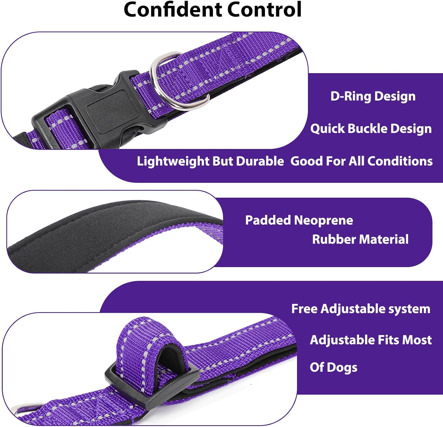 Detalle 2 de penseepet Purple Reflective Dog Collar, Large Adjustable Nylon with Neoprene Padding