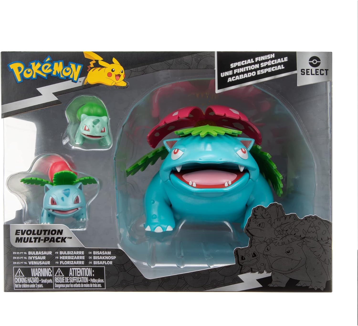 Thumbnail 1 de Pokémon PKW2775 Select Evolution: Confezione da 3 statuette da combattimento (Bulbasaur, Ivysaur e Venusaur)
