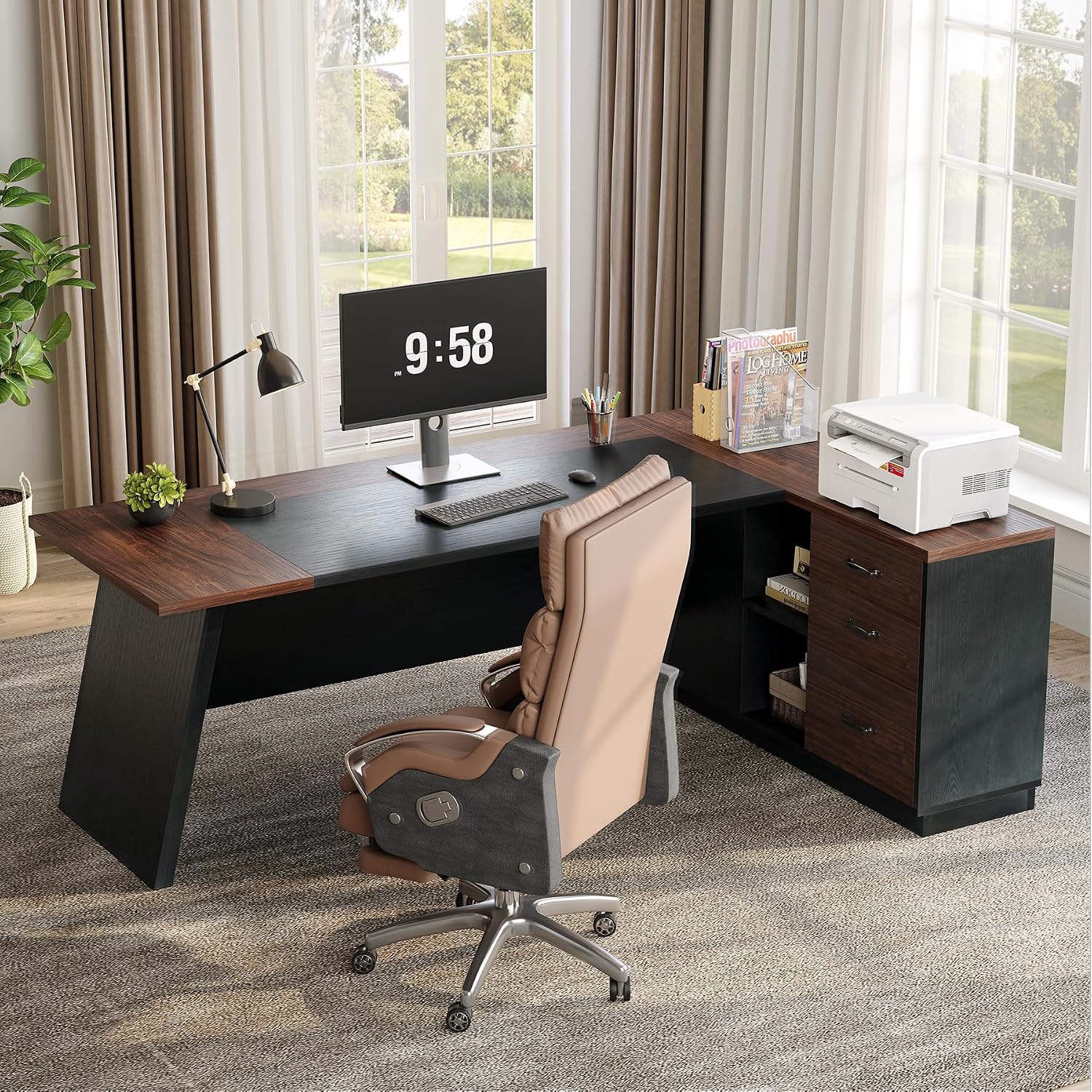 Detalle 1 de LITTLE TREE NY310 Executive Office Desk, 78-Inch L-Shape with 3-Drawer Cabinet