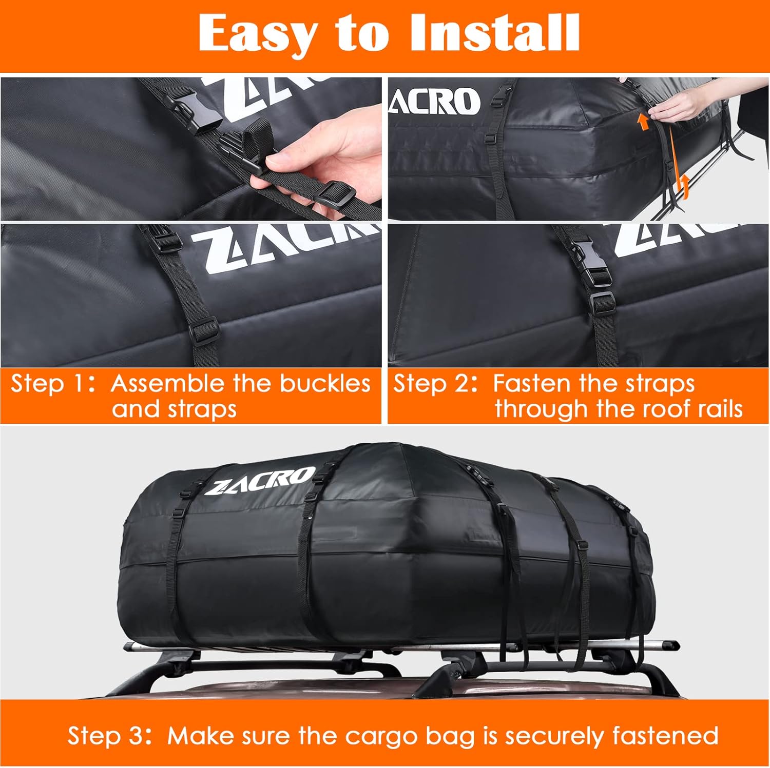 Detalle 2 de Zacro Car Roof Bag – 15 Cubic Feet, Waterproof Foldable Carrier