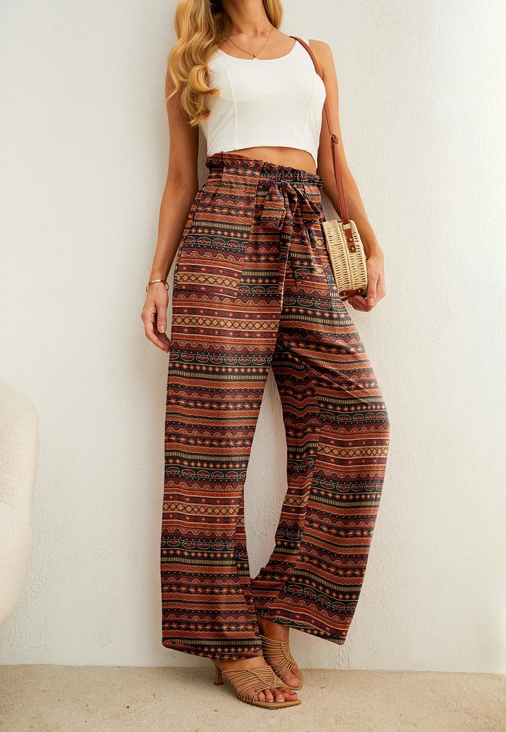 Detalle de IWOLLENCE Women High Waist Palazzo Pants with Adjustable Knot: Flowy Comfort for Beach, Work, and Beyond