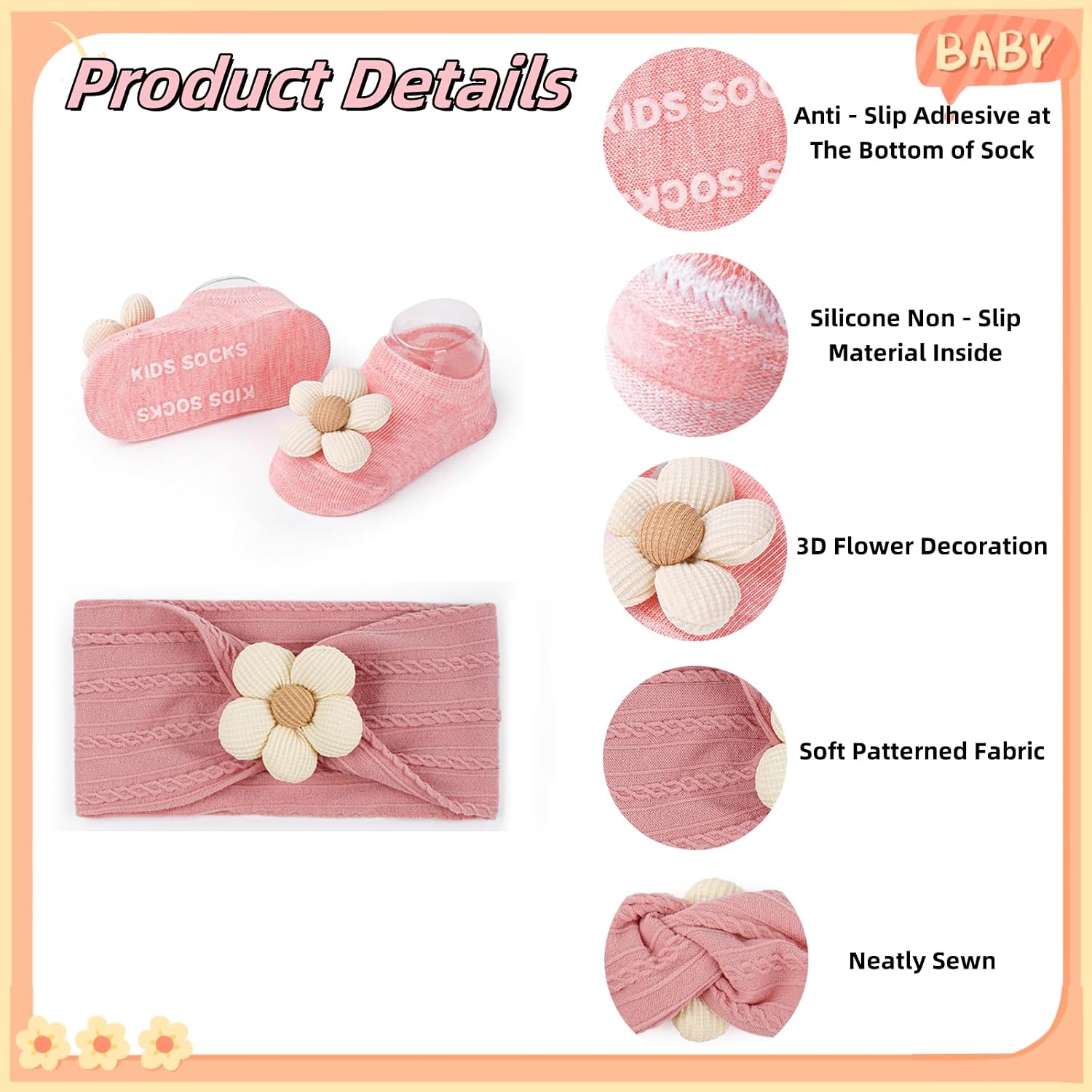 Detalle de COZYOFFI HAS2509WI Baby Flower Headband and Socks Set, 3 Colors